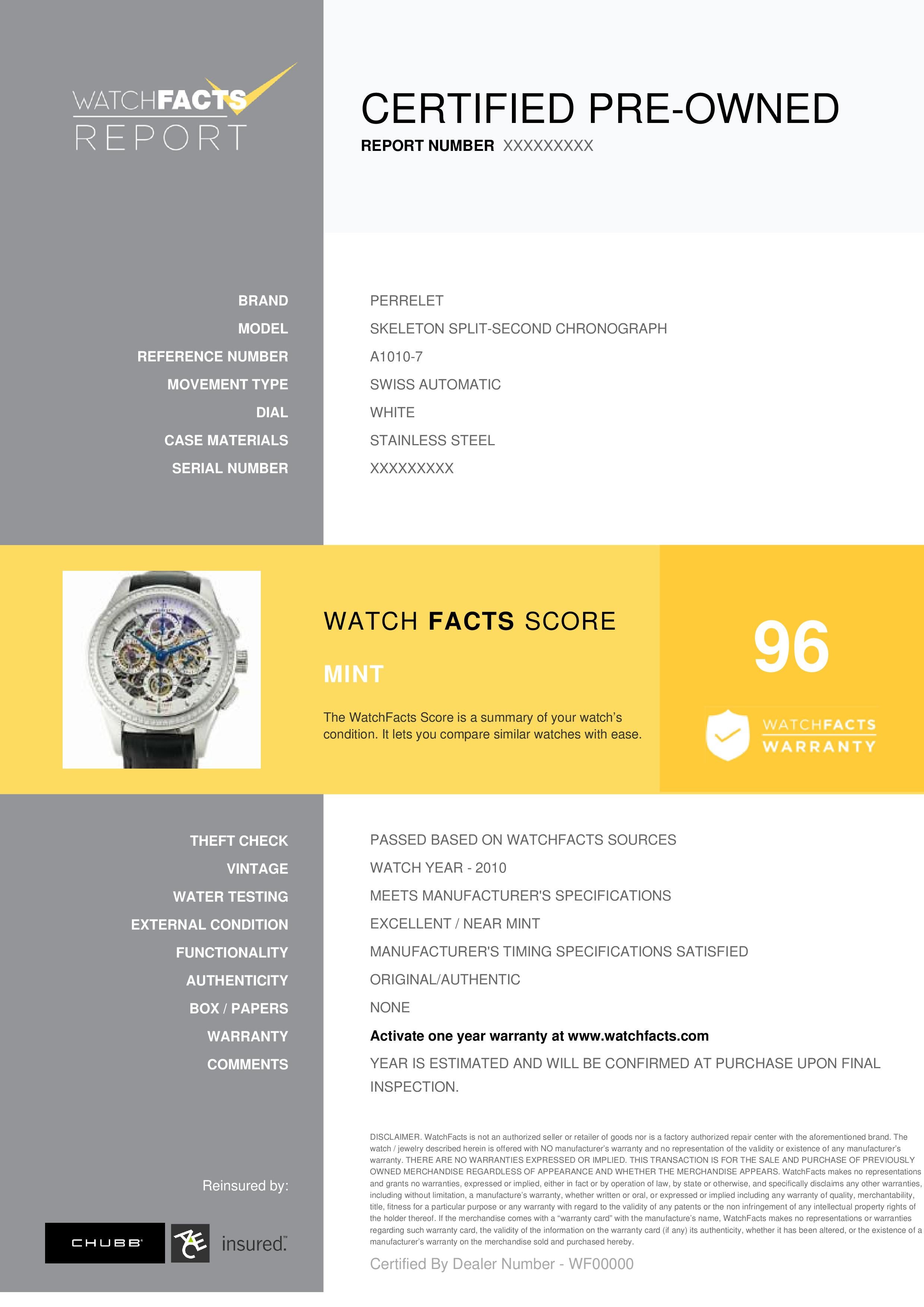 Perrelet Skeleton Split-Second Chronograph Referenz #: A1010-7. Schweizer Automatik Herrenuhr Edelstahl Weiß 42 MM. Geprüft und zertifiziert von WatchFacts. 1 Jahr Garantie:: angeboten von WatchFacts