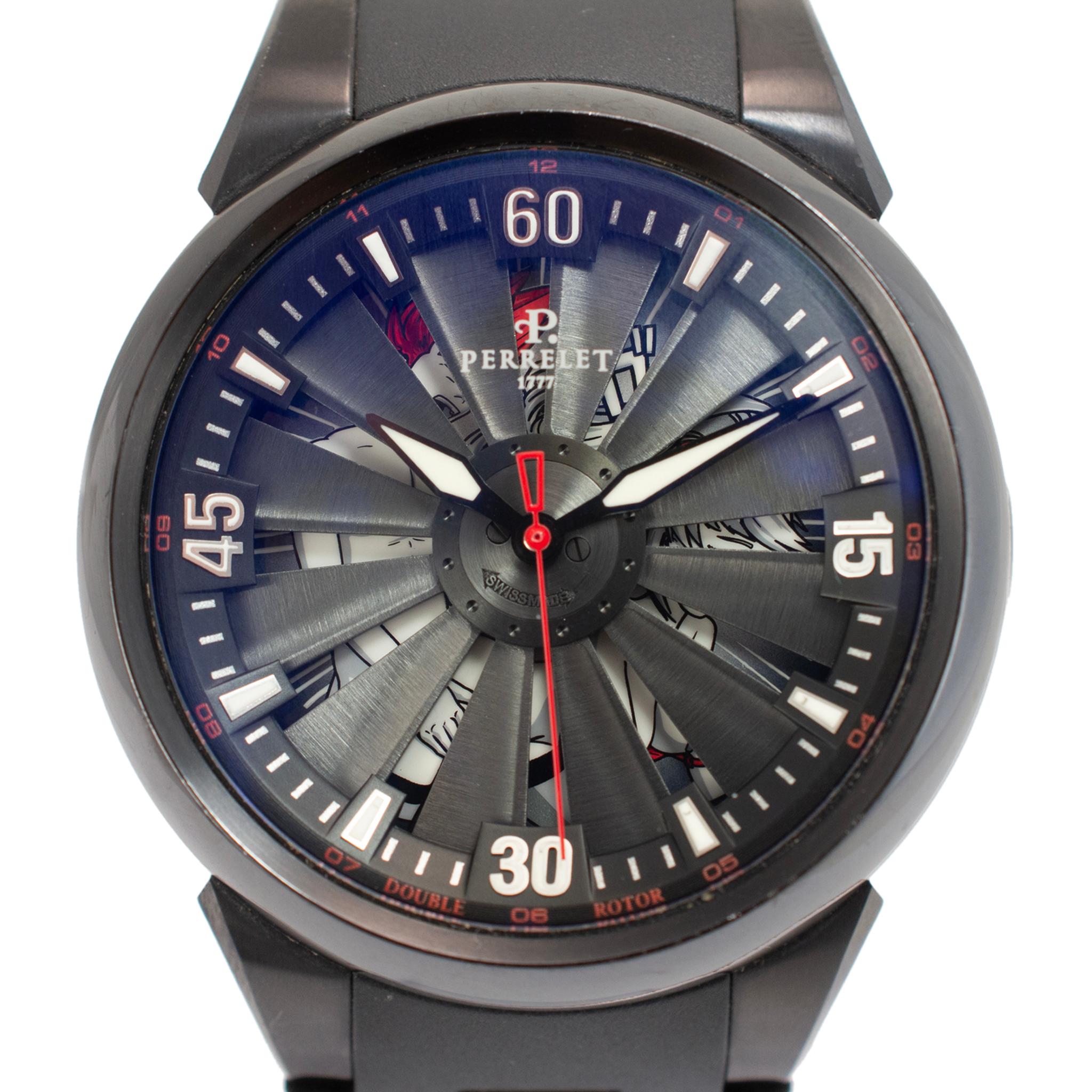 Brand: Perrelet

Gender: Men

Diameter: 44.00 mm

Weight: 140.00 grams

One men's stainless steel, Swiss-made Perrelet watch with original box and papers. The metal was tested and determined to be stainless steel. The 