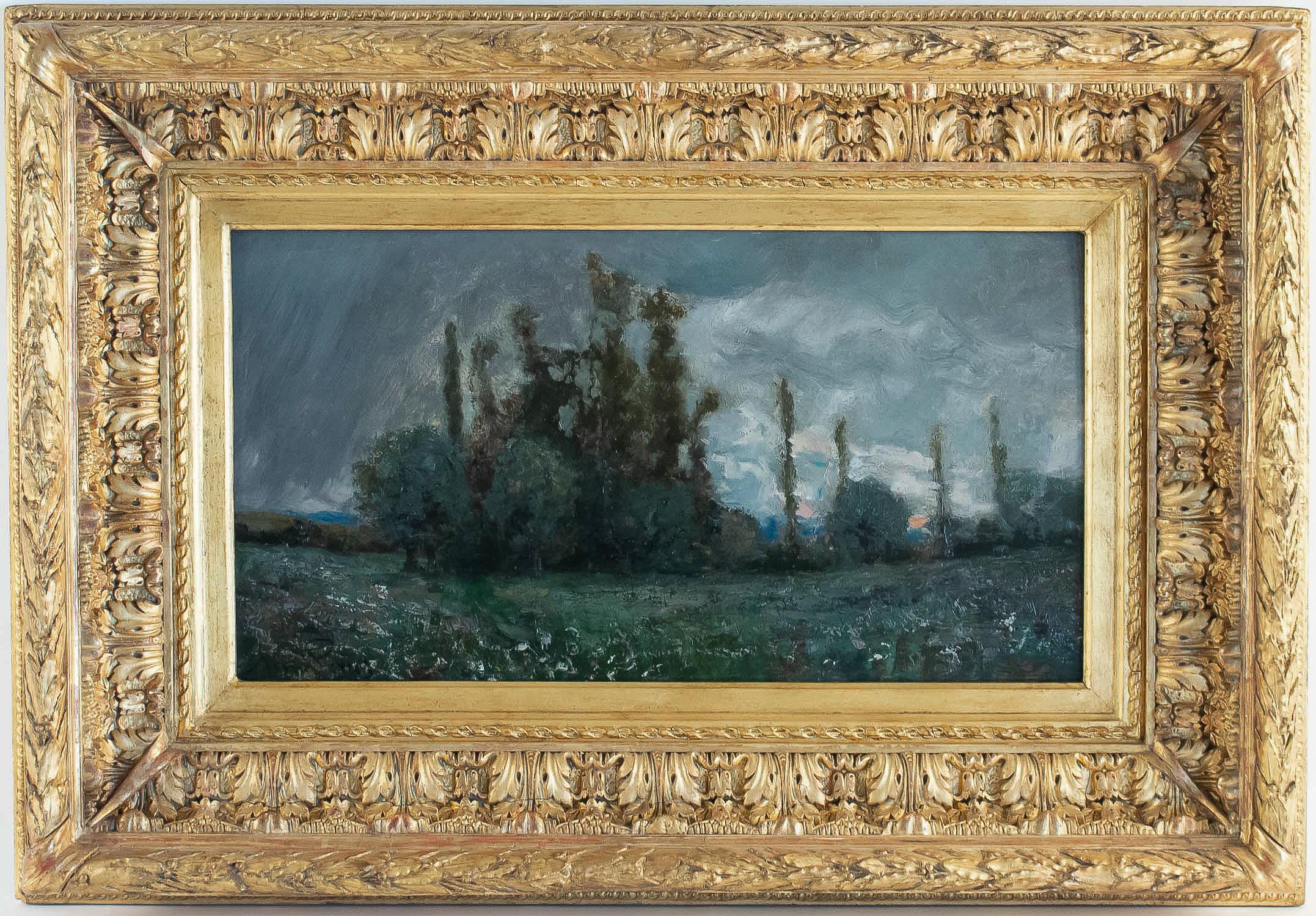 An excellent Lyon School painting signed on a lower left by Aimé Perret, depicting an exciting and ornamental Autumn sunset, with beautiful use of the blue color.
Our painting in an excellent condition served by its original magnificent hand-carved