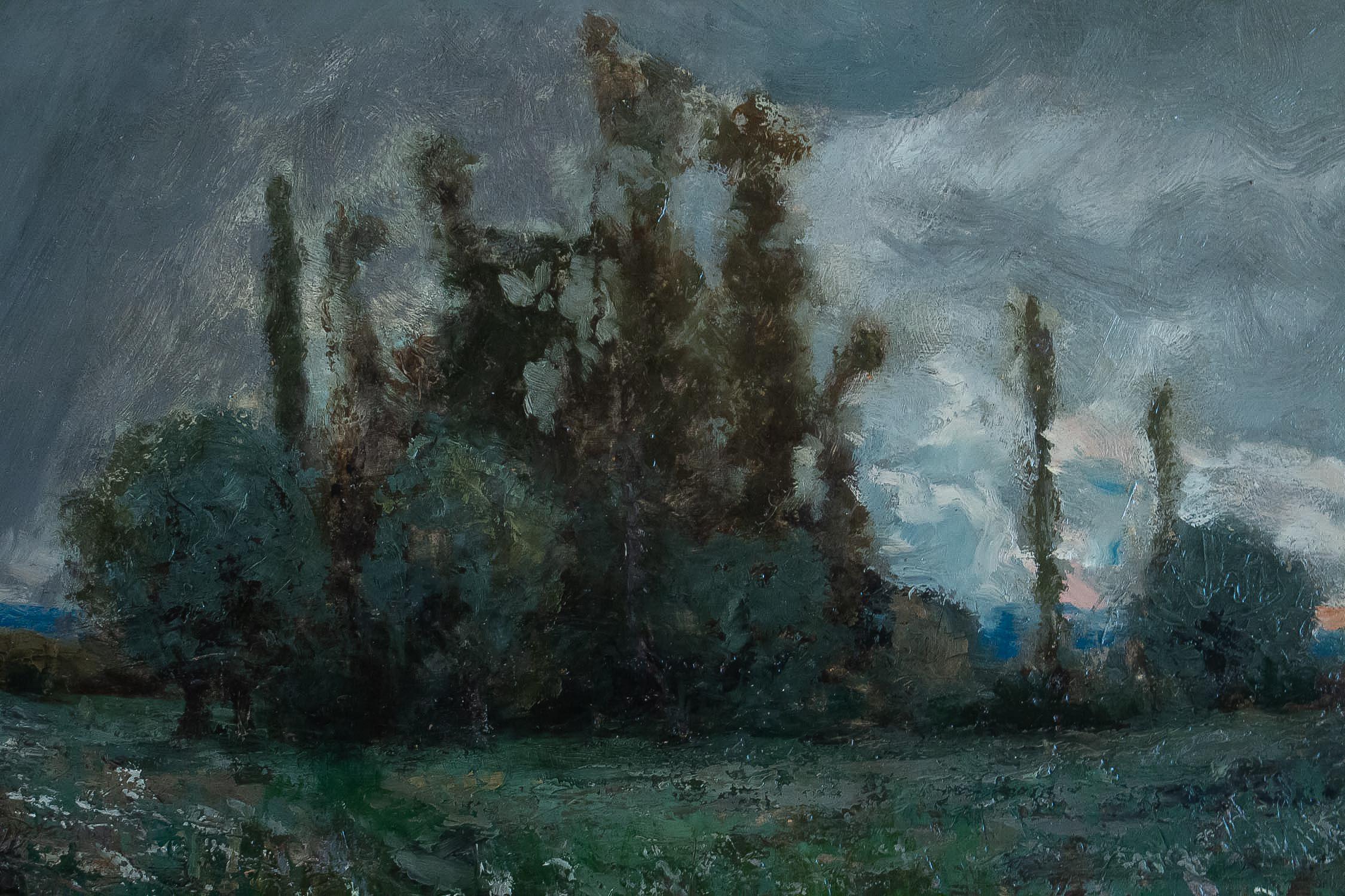 Hand-Painted Perret Aimé Oil on Panel Autumn Sunset, circa 1880-1890 For Sale