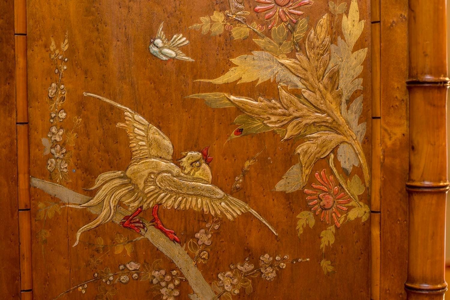 Veneer Perret et Vibert, Japanese Style Armoire Bamboo Imitation, Lacquer Decor, 1880s