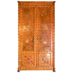 Antique Perret et Vibert, Japanese Style Armoire Bamboo Imitation, Lacquer Decor, 1880s