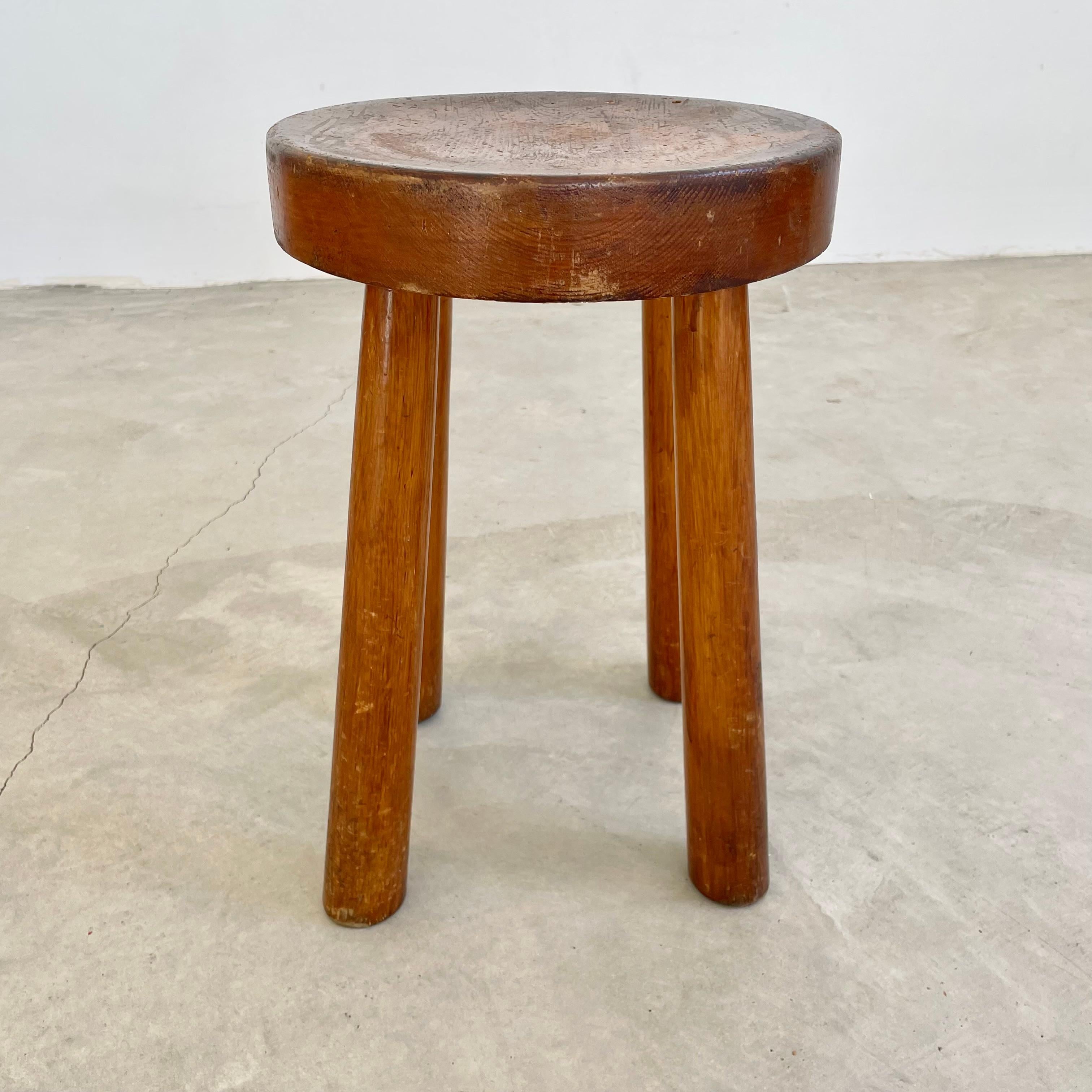 Mid-20th Century Perriand style Chunky Wood Stool, 1960s France