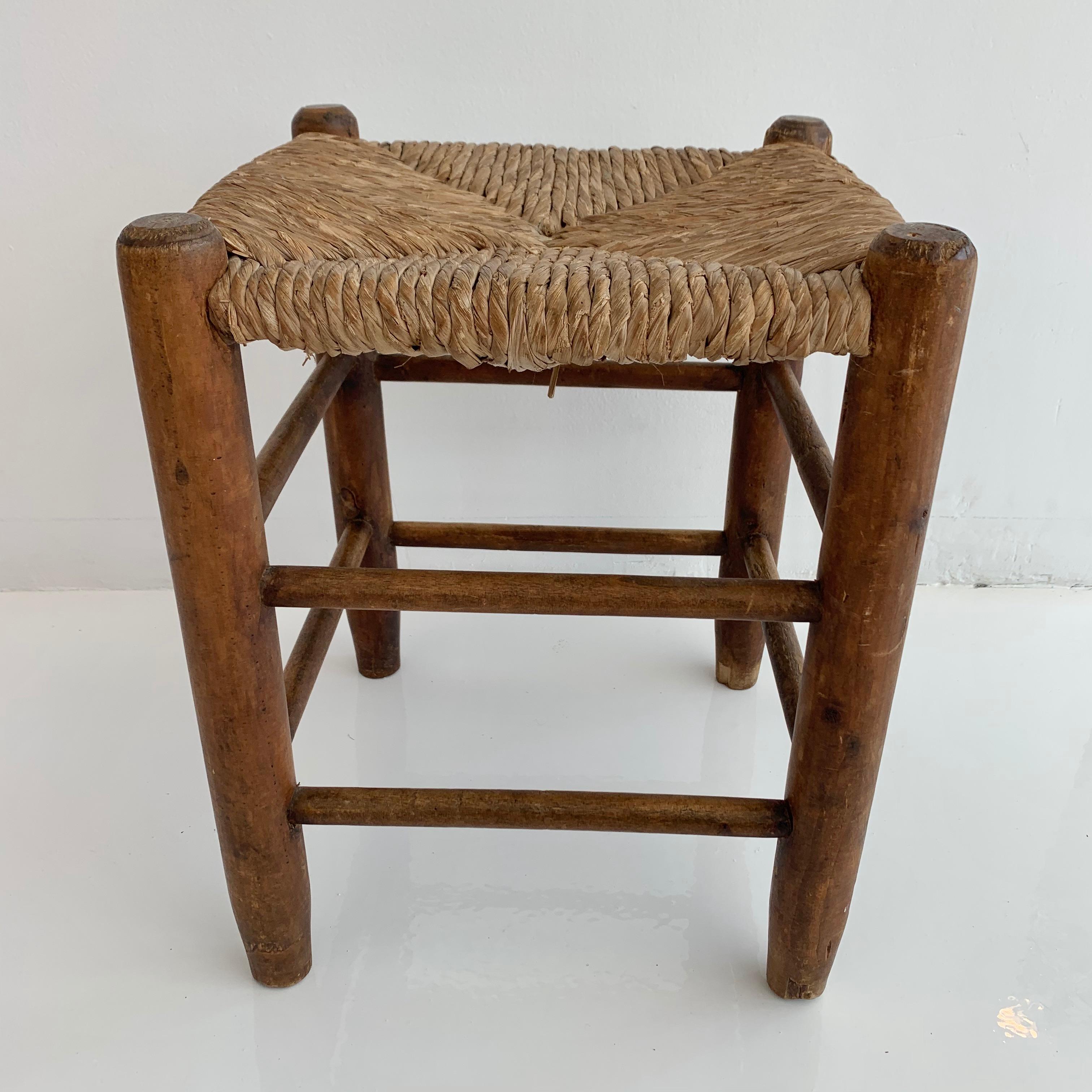 Perriand Style French Oak and Straw Stool In Good Condition In Los Angeles, CA