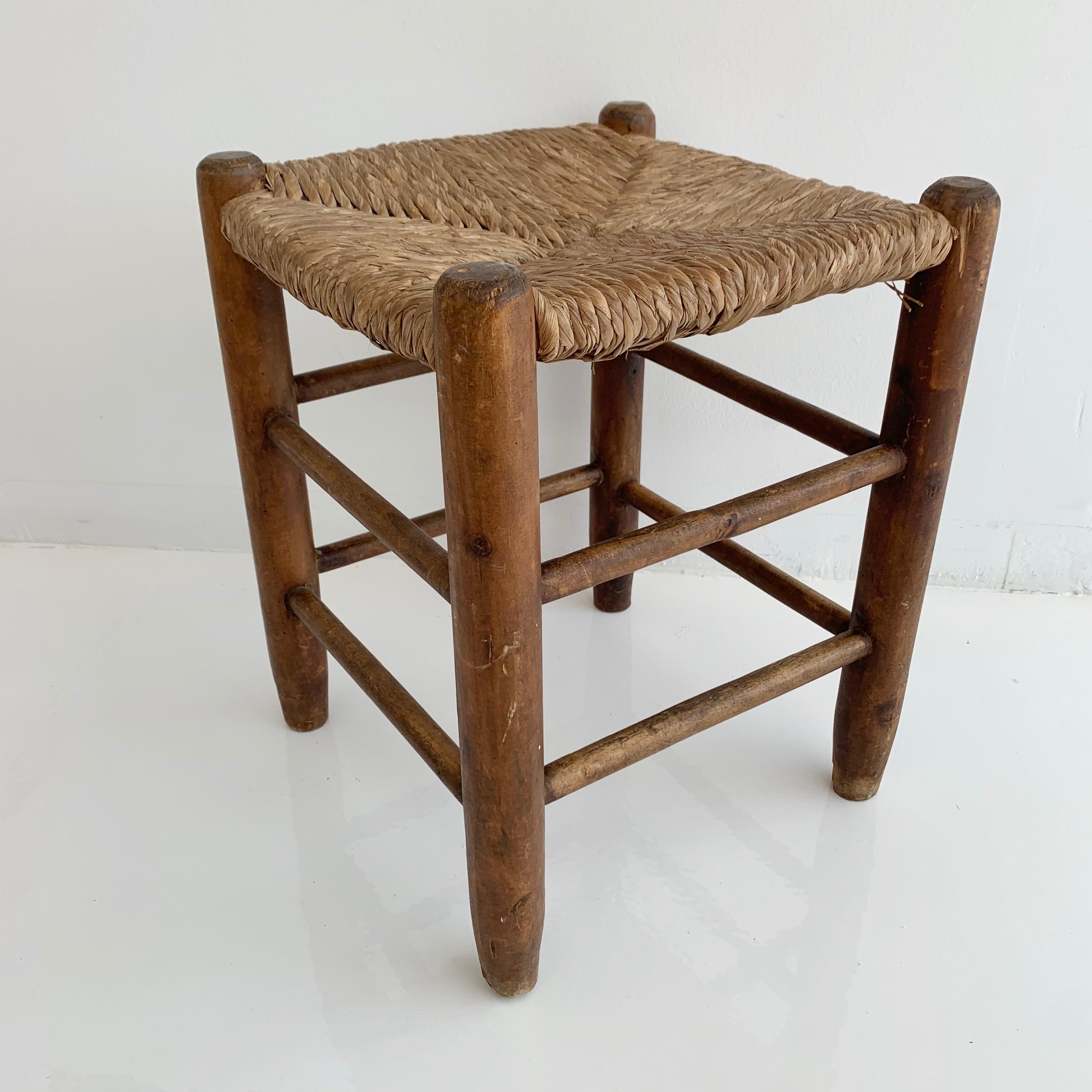Perriand Style French Oak and Straw Stool 1
