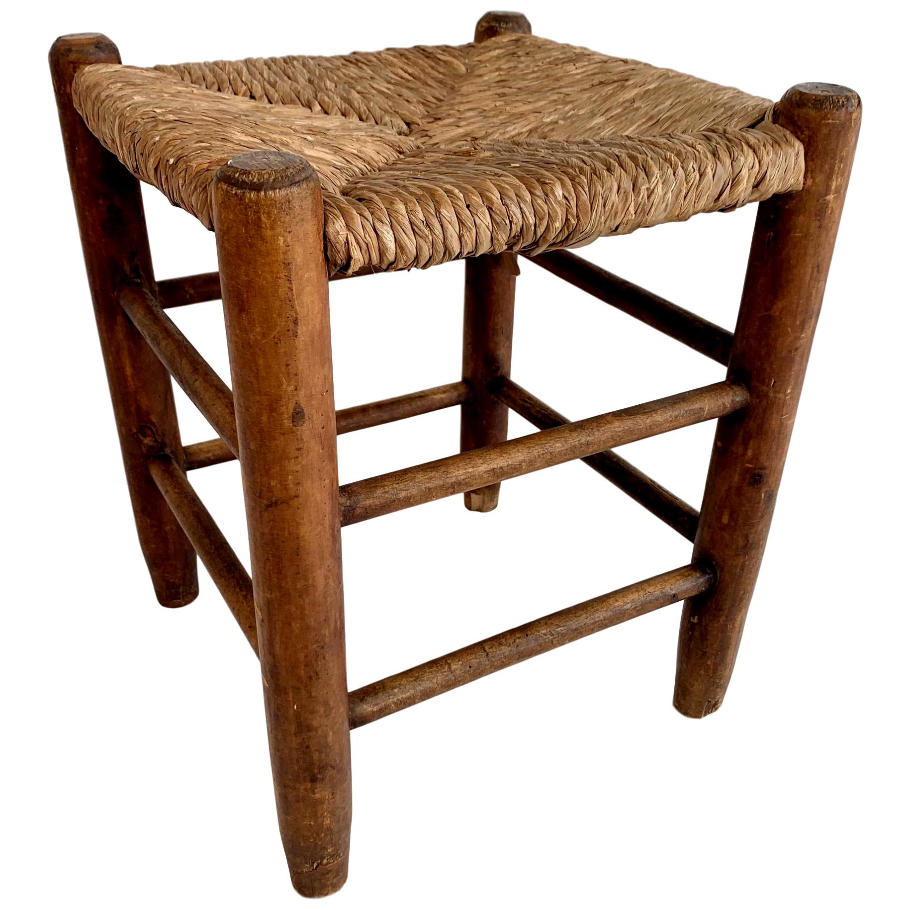 Perriand Style French Oak and Straw Stool
