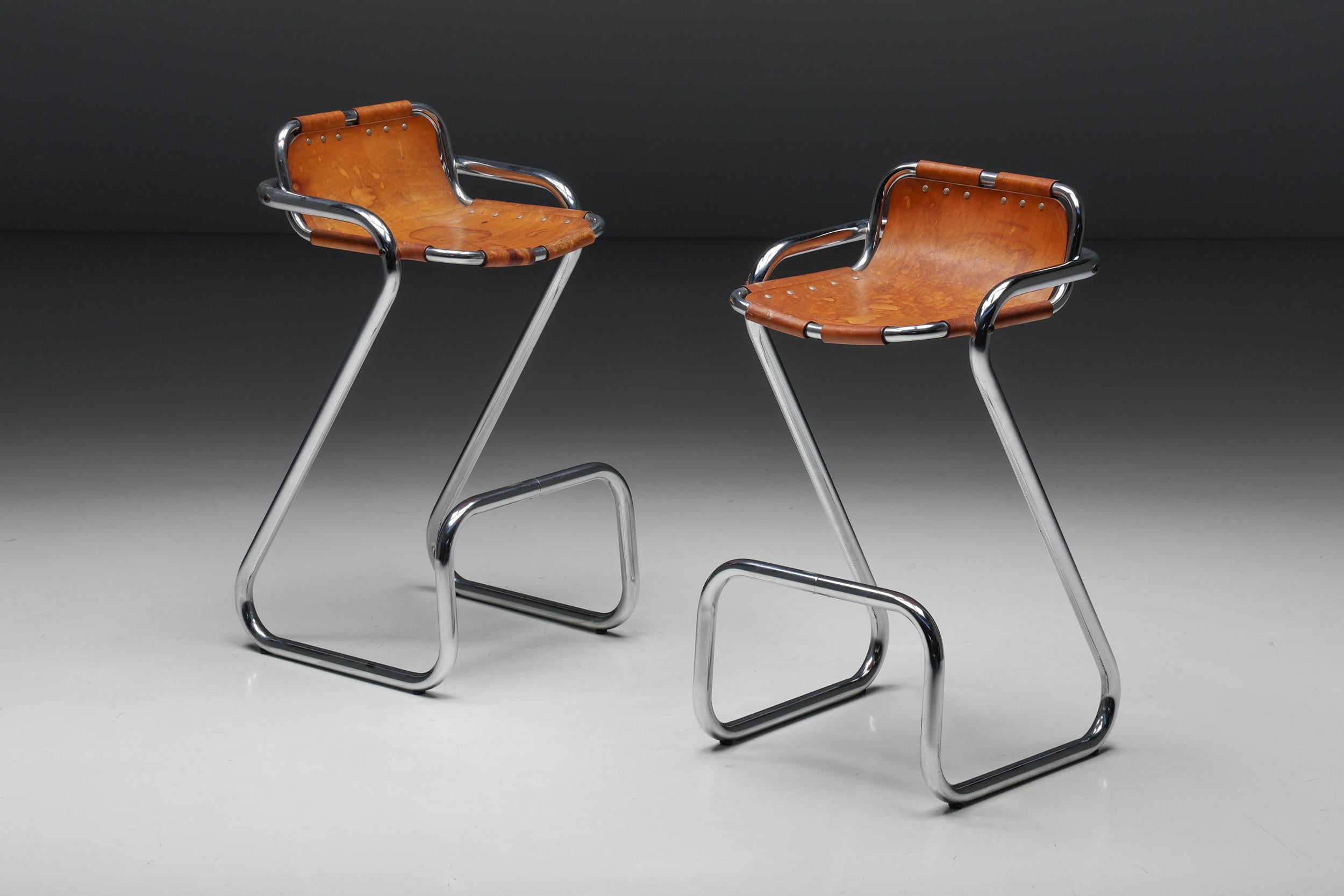 Mid-20th Century Perriand Style Les Arc Cognac Leather Barstools, 1960s