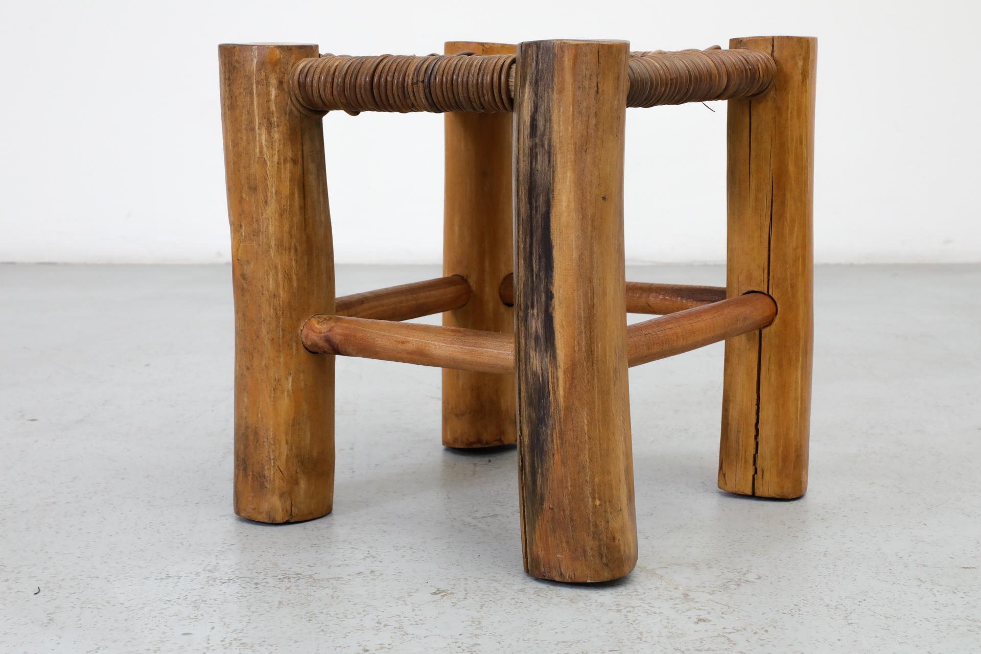 Perriand Style Primitive Wooden Stool with Rush Seat and Thick Round Legs For Sale 5