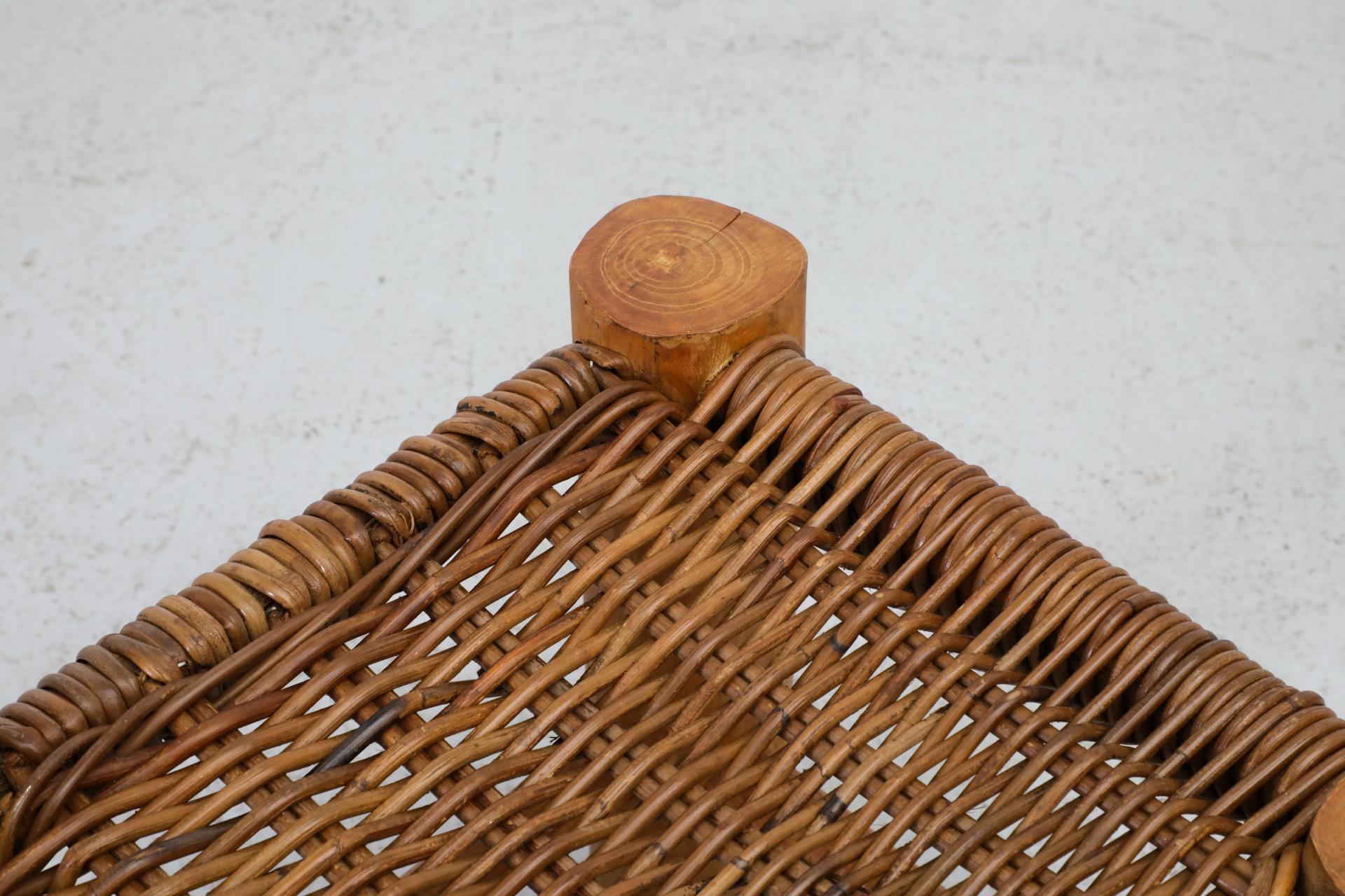 Perriand Style Primitive Wooden Stool with Rush Seat and Thick Round Legs For Sale 6