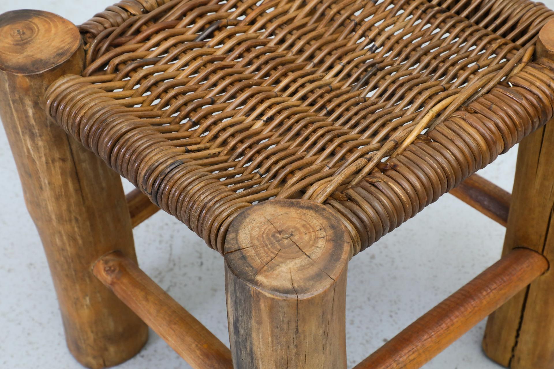 Perriand Style Primitive Wooden Stool with Rush Seat and Thick Round Legs For Sale 7