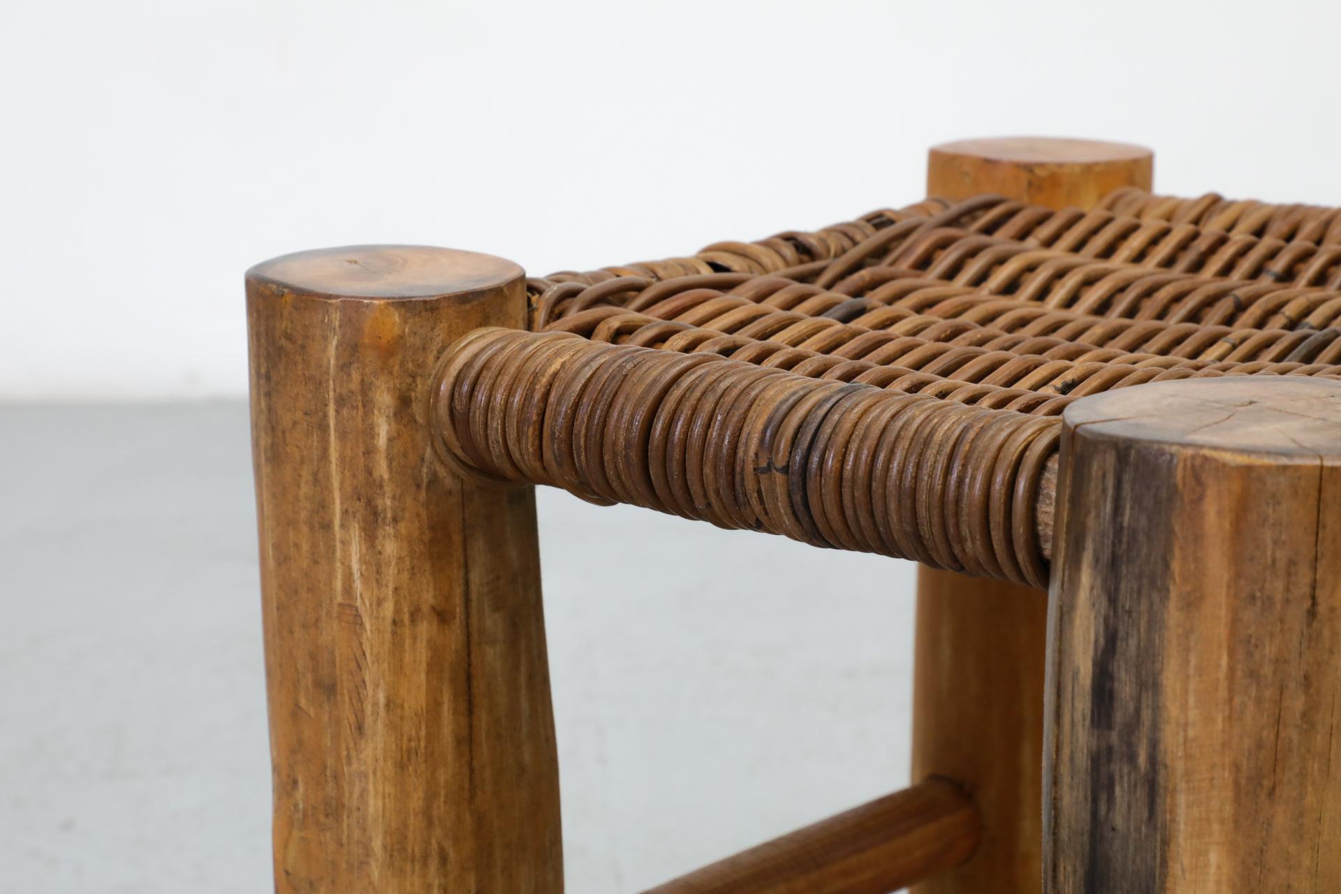 Perriand Style Primitive Wooden Stool with Rush Seat and Thick Round Legs For Sale 8
