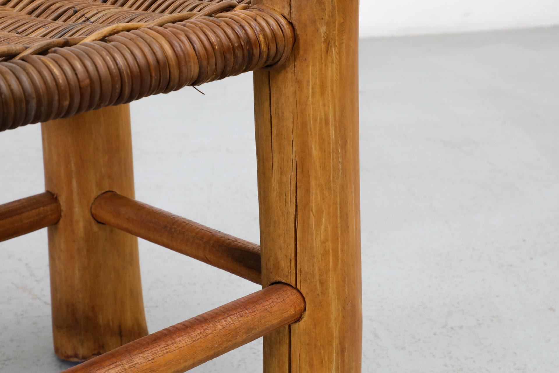 Perriand Style Primitive Wooden Stool with Rush Seat and Thick Round Legs For Sale 9