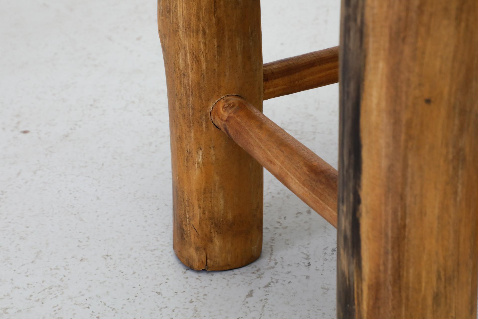 Perriand Style Primitive Wooden Stool with Rush Seat and Thick Round Legs For Sale 10