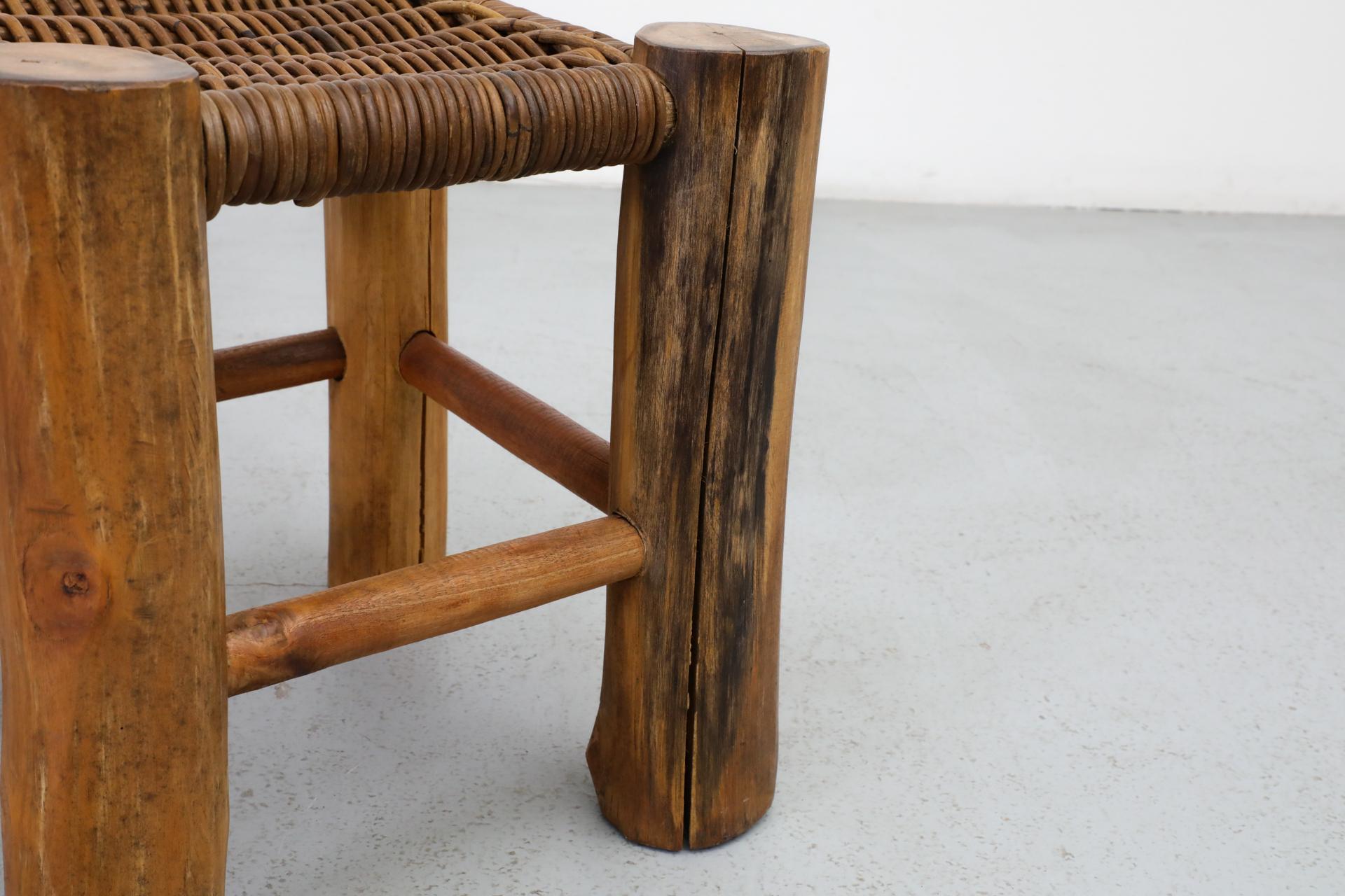 Perriand Style Primitive Wooden Stool with Rush Seat and Thick Round Legs For Sale 11
