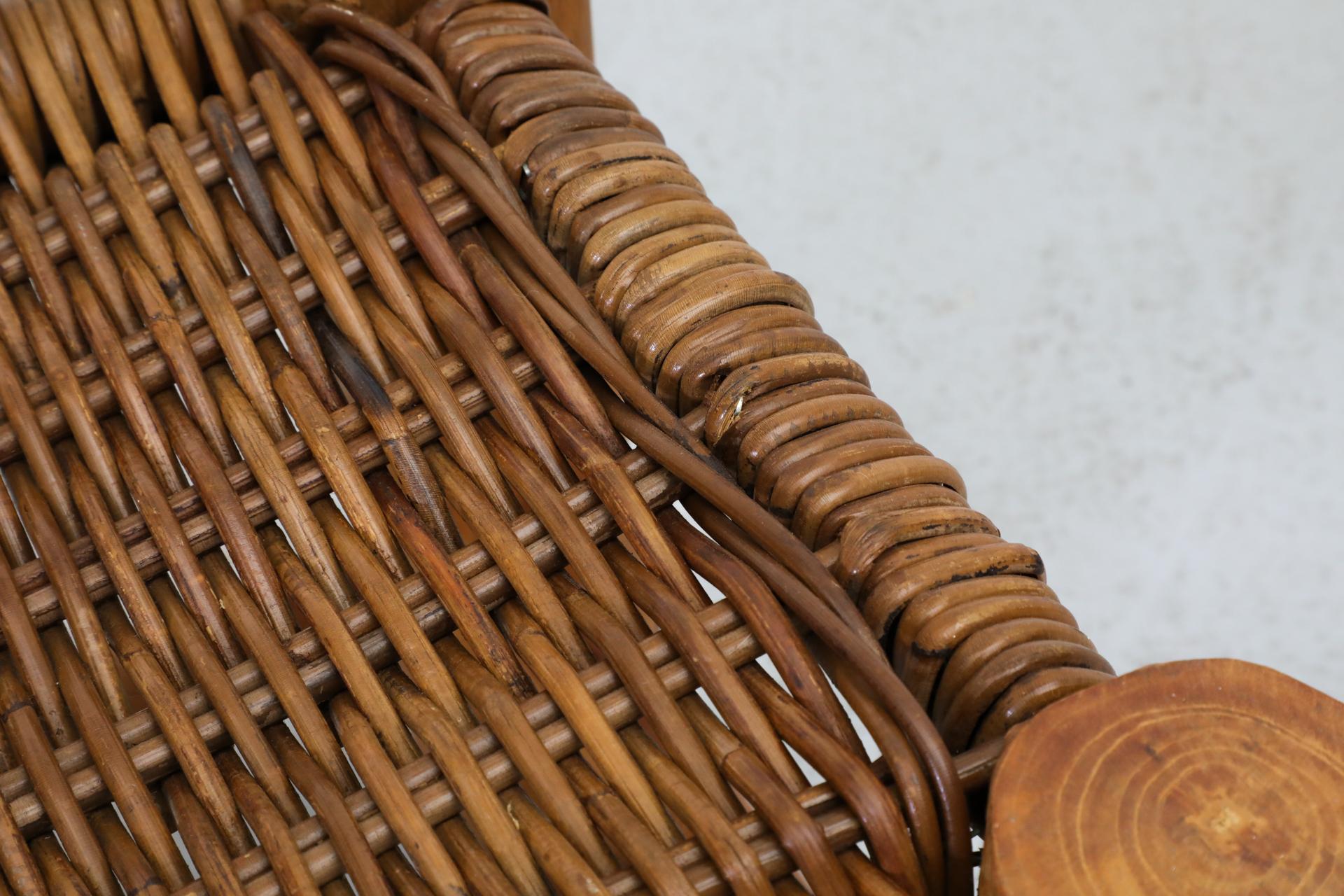 Perriand Style Primitive Wooden Stool with Rush Seat and Thick Round Legs For Sale 12