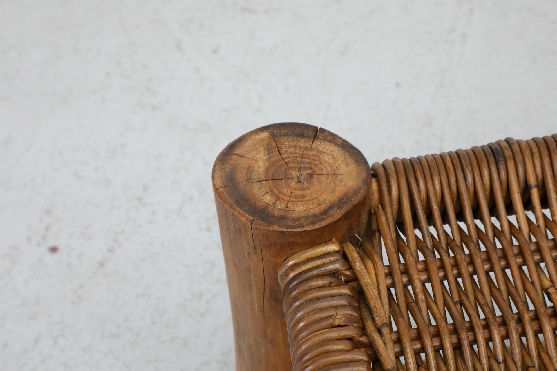 Perriand Style Primitive Wooden Stool with Rush Seat and Thick Round Legs For Sale 13