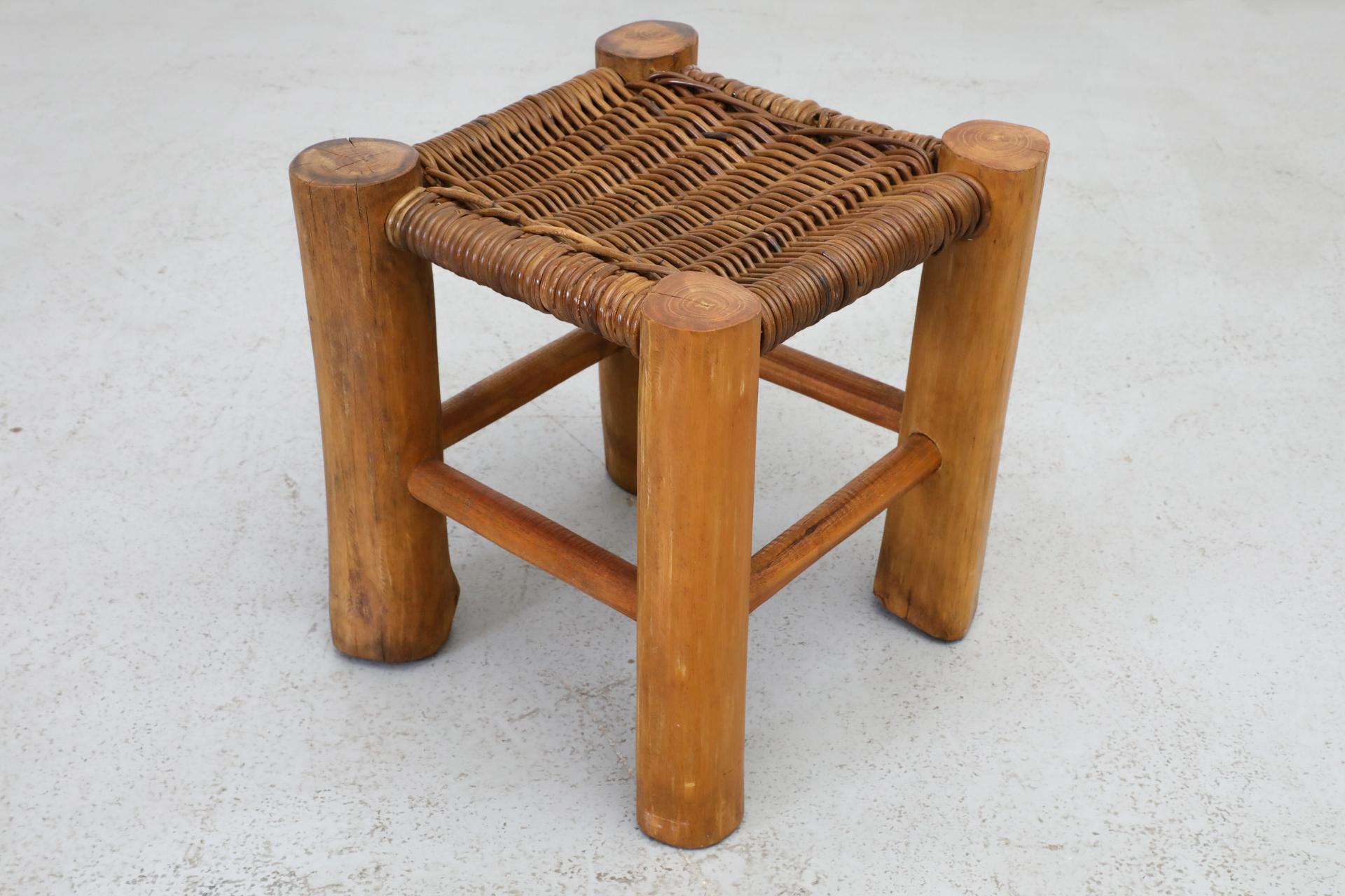 Perriand Style Primitive Wooden Stool with Rush Seat and Thick Round Legs For Sale 14