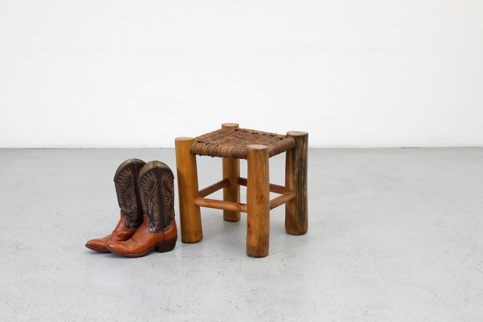 Dutch Perriand Style Primitive Wooden Stool with Rush Seat and Thick Round Legs For Sale
