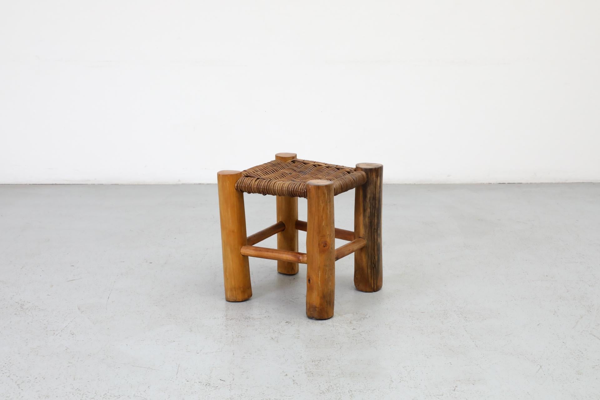 Perriand Style Primitive Wooden Stool with Rush Seat and Thick Round Legs In Good Condition For Sale In Los Angeles, CA