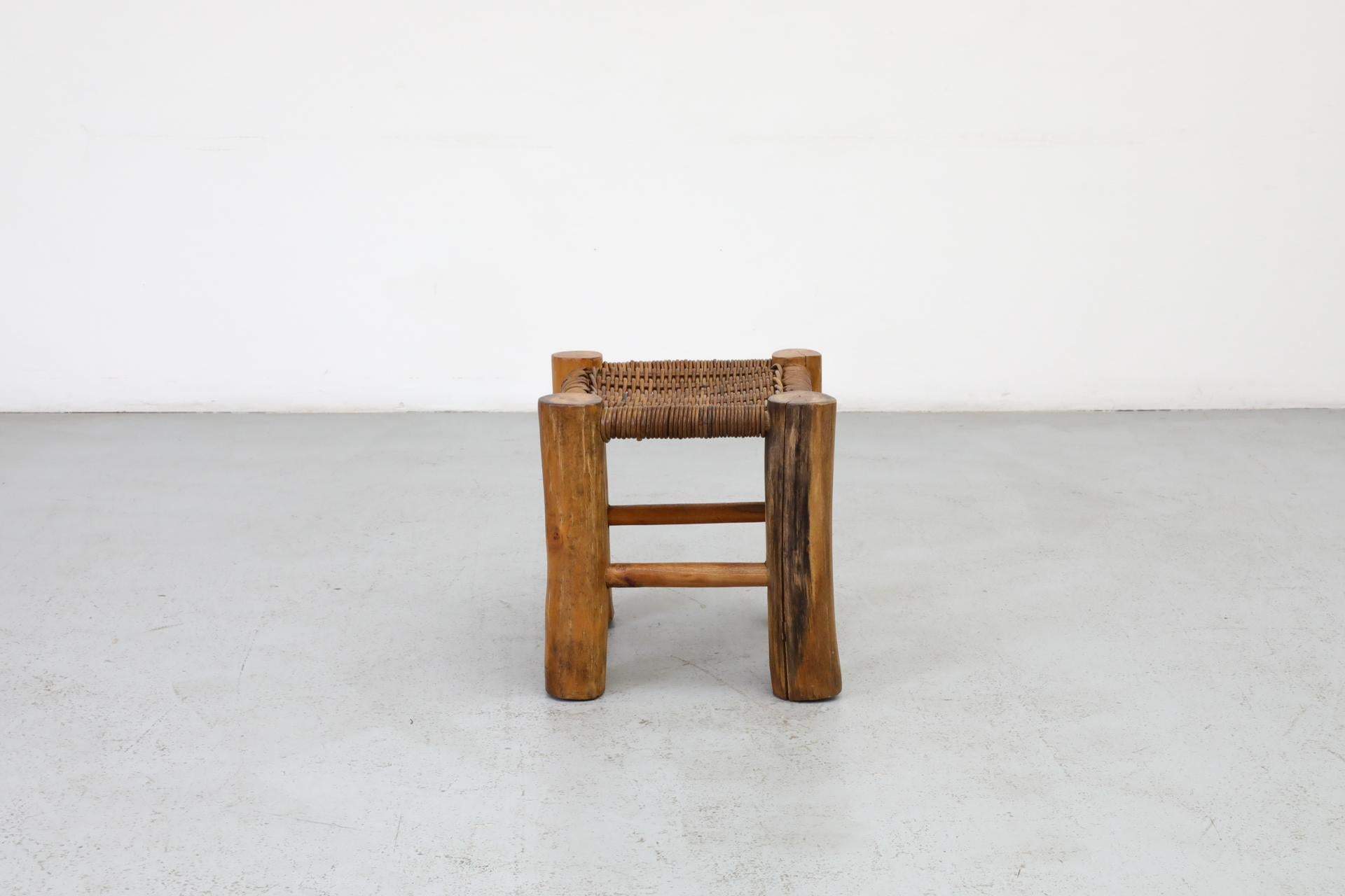 20th Century Perriand Style Primitive Wooden Stool with Rush Seat and Thick Round Legs For Sale