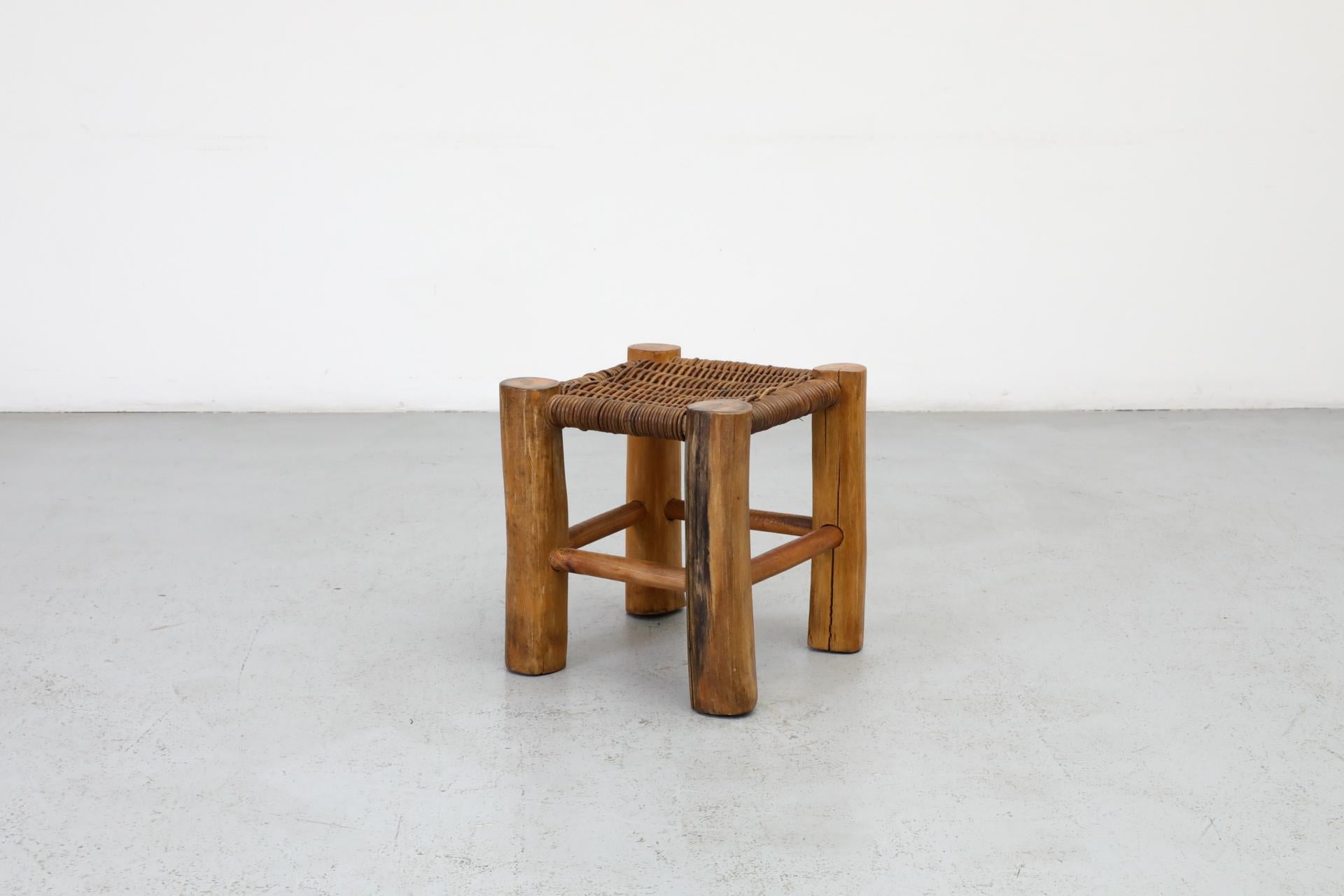 Perriand Style Primitive Wooden Stool with Rush Seat and Thick Round Legs For Sale 1