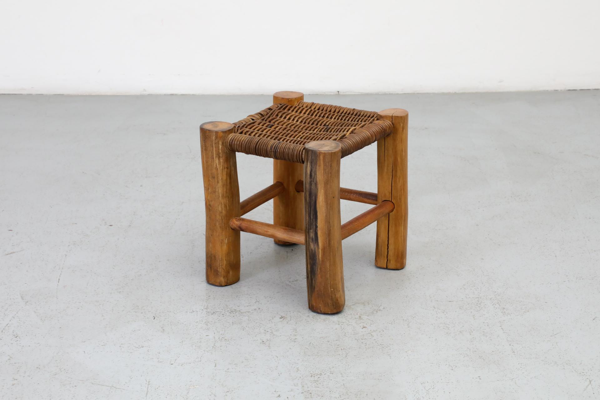 Perriand Style Primitive Wooden Stool with Rush Seat and Thick Round Legs For Sale 2