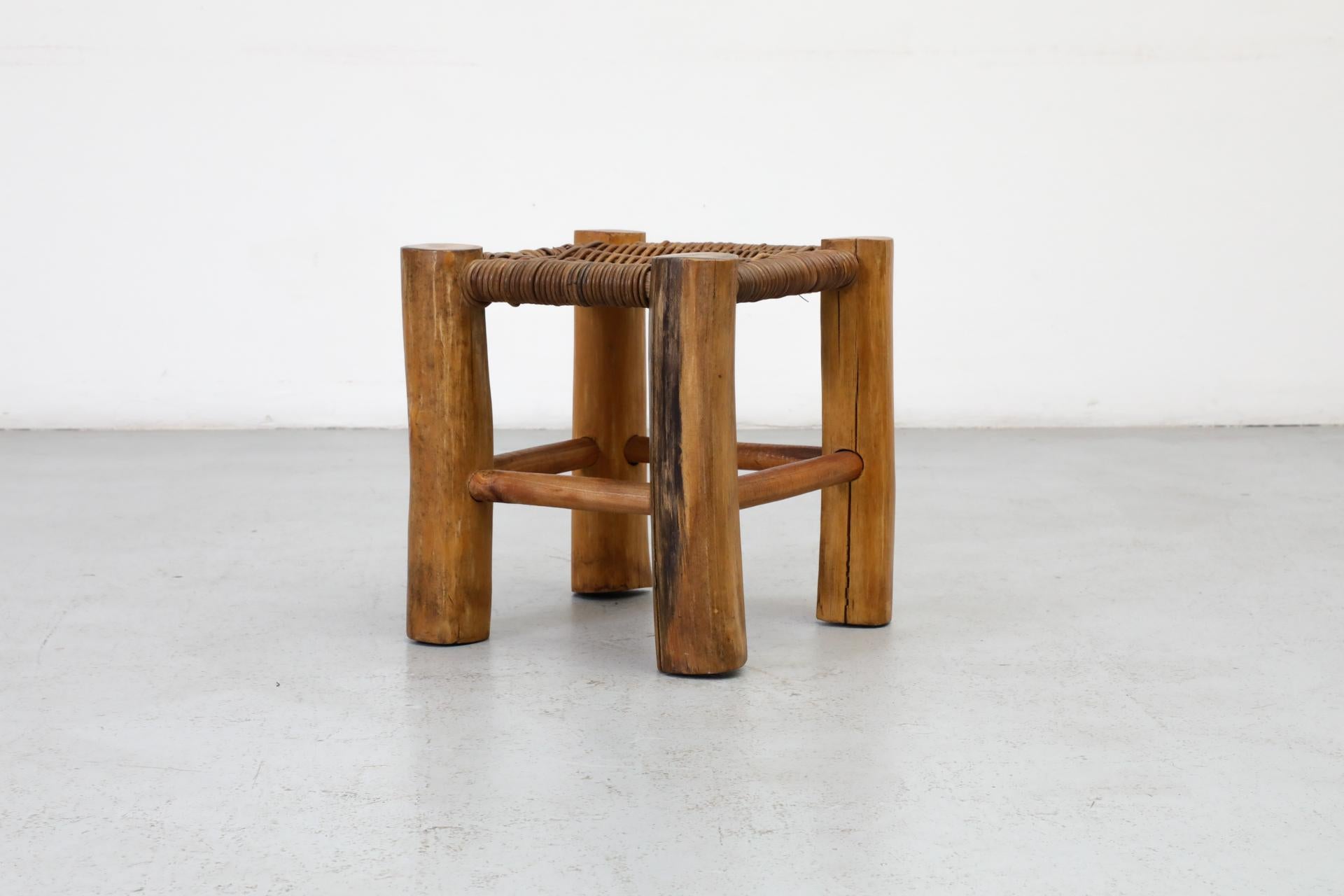 Perriand Style Primitive Wooden Stool with Rush Seat and Thick Round Legs For Sale 3