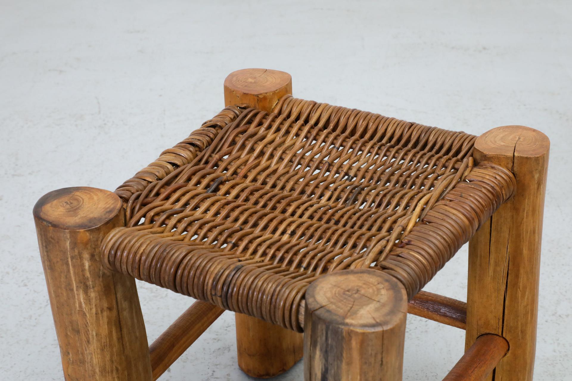 Perriand Style Primitive Wooden Stool with Rush Seat and Thick Round Legs For Sale 4