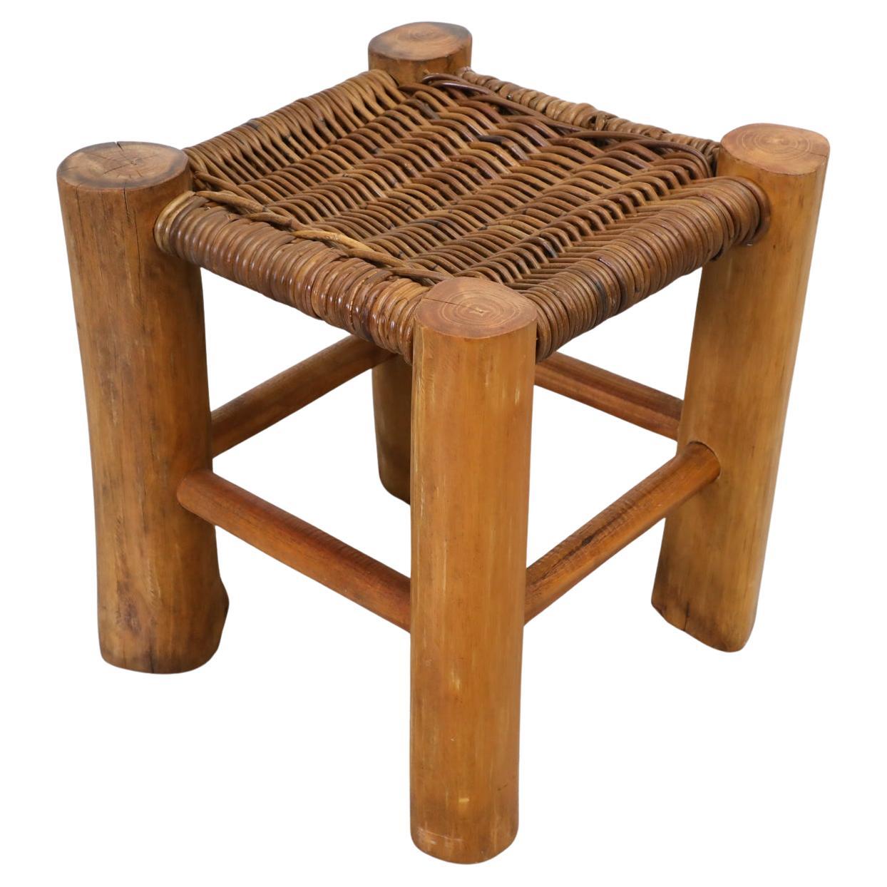 Perriand Style Primitive Wooden Stool with Rush Seat and Thick Round Legs For Sale
