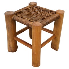 Perriand Style Primitive Wooden Stool with Rush Seat and Thick Round Legs