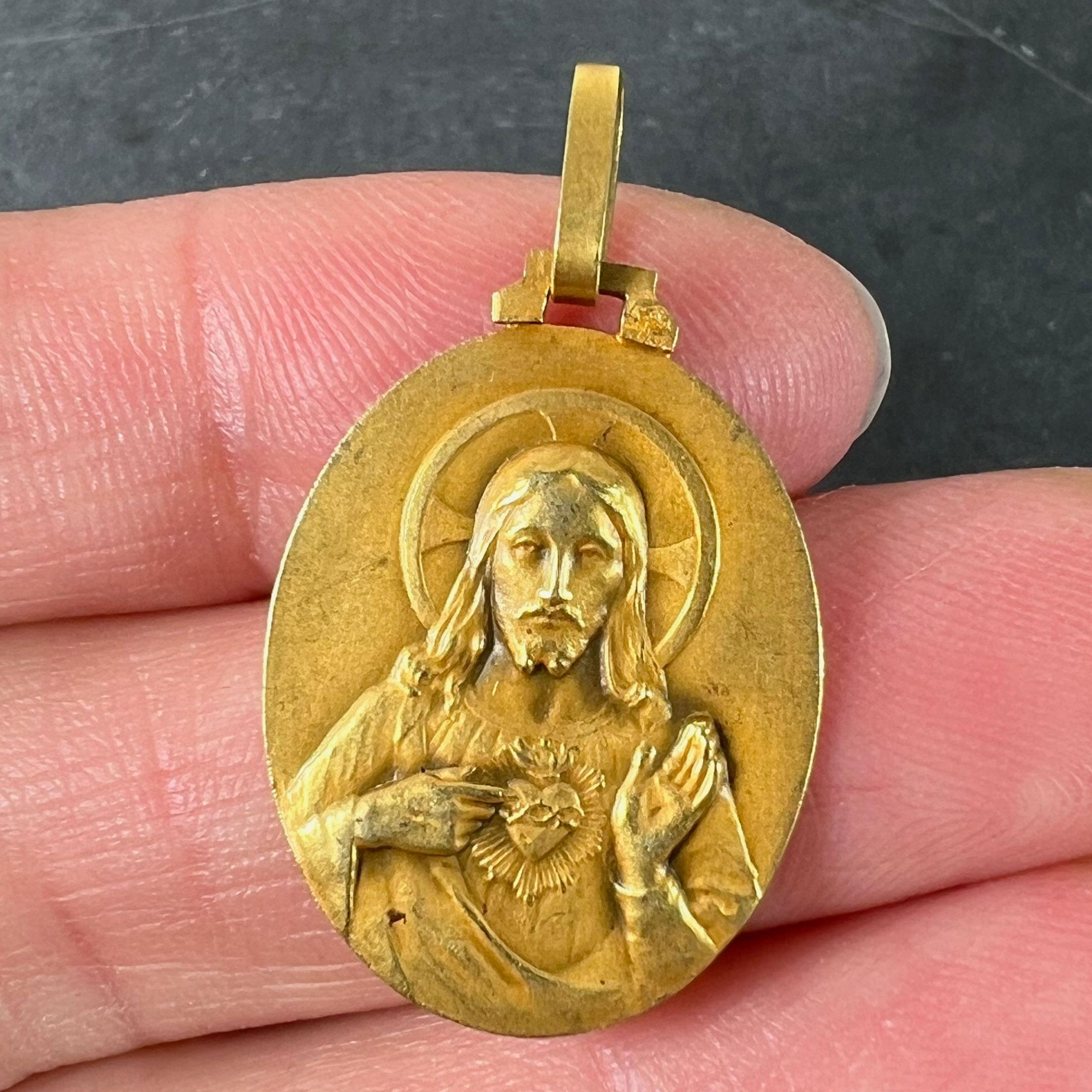 Perriat French Sacred Heart Madonna und Child 18K Yellow Gold Medal Anhänger im Angebot 1