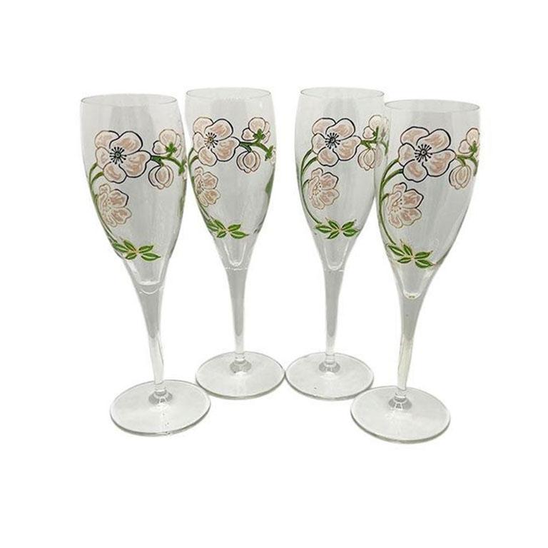 Perrier-jouët Art Nouveau French Hand Painted Floral Champagne Flutes, Set  4 For Sale at 1stDibs