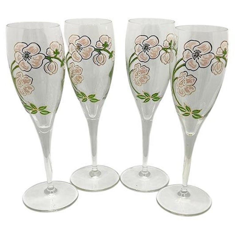 Perrier-jouët Art Nouveau French Hand Painted Floral Flutes, Set 4 For Sale at 1stDibs