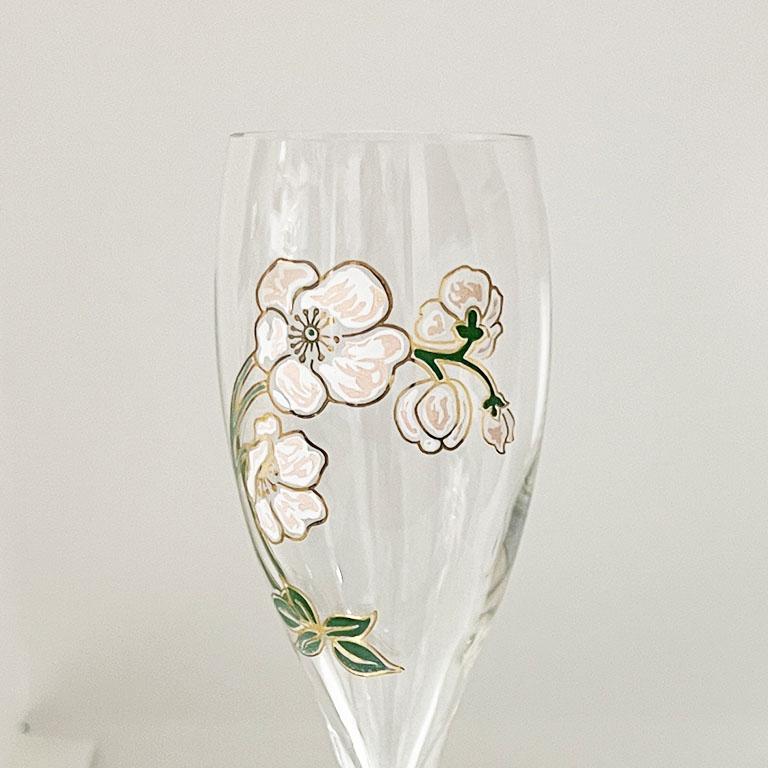 Art déco Ensemble de 6 verres à champagne Art Nouveau français peints à la main à motifs floraux, par Perrier-jout
