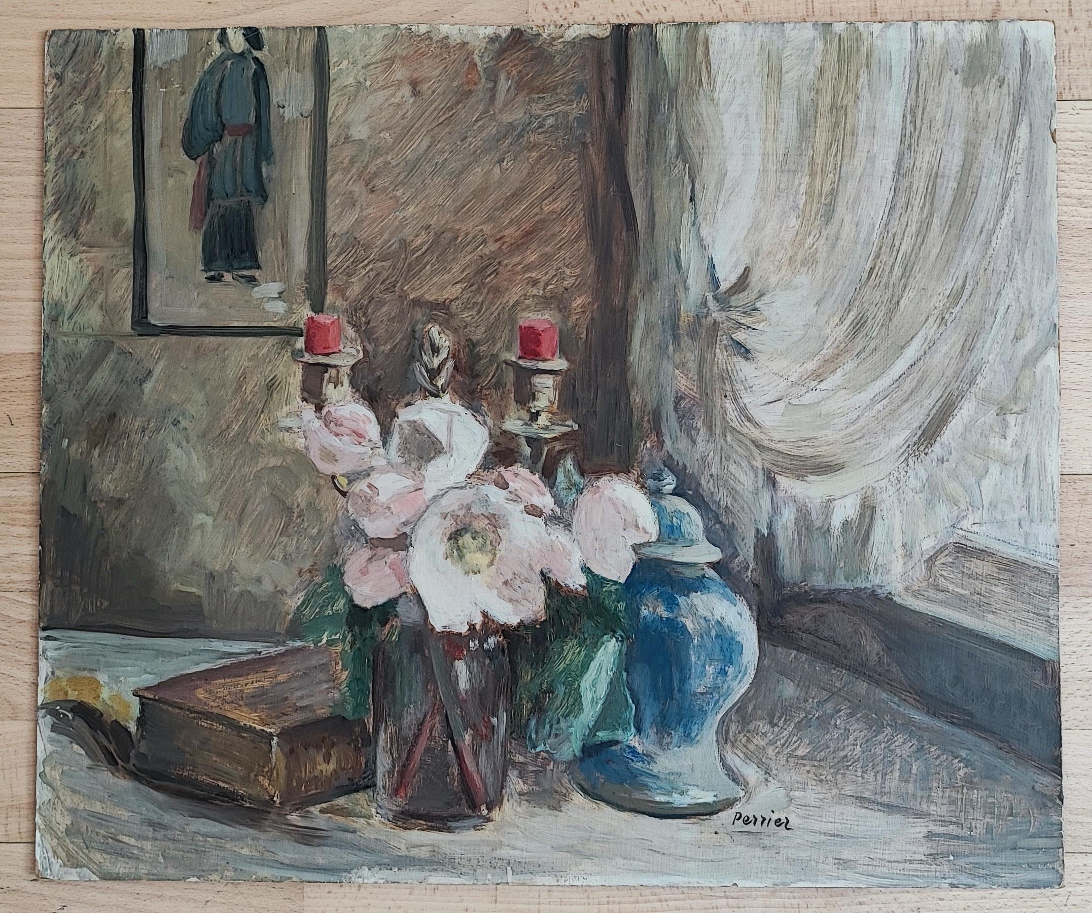 Still Life with Candlestick and Candy Box - Painting by Perrier