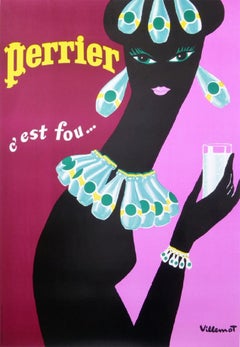 Perrier Boucles d'oreilles roses Villemot Original Vintage Poster