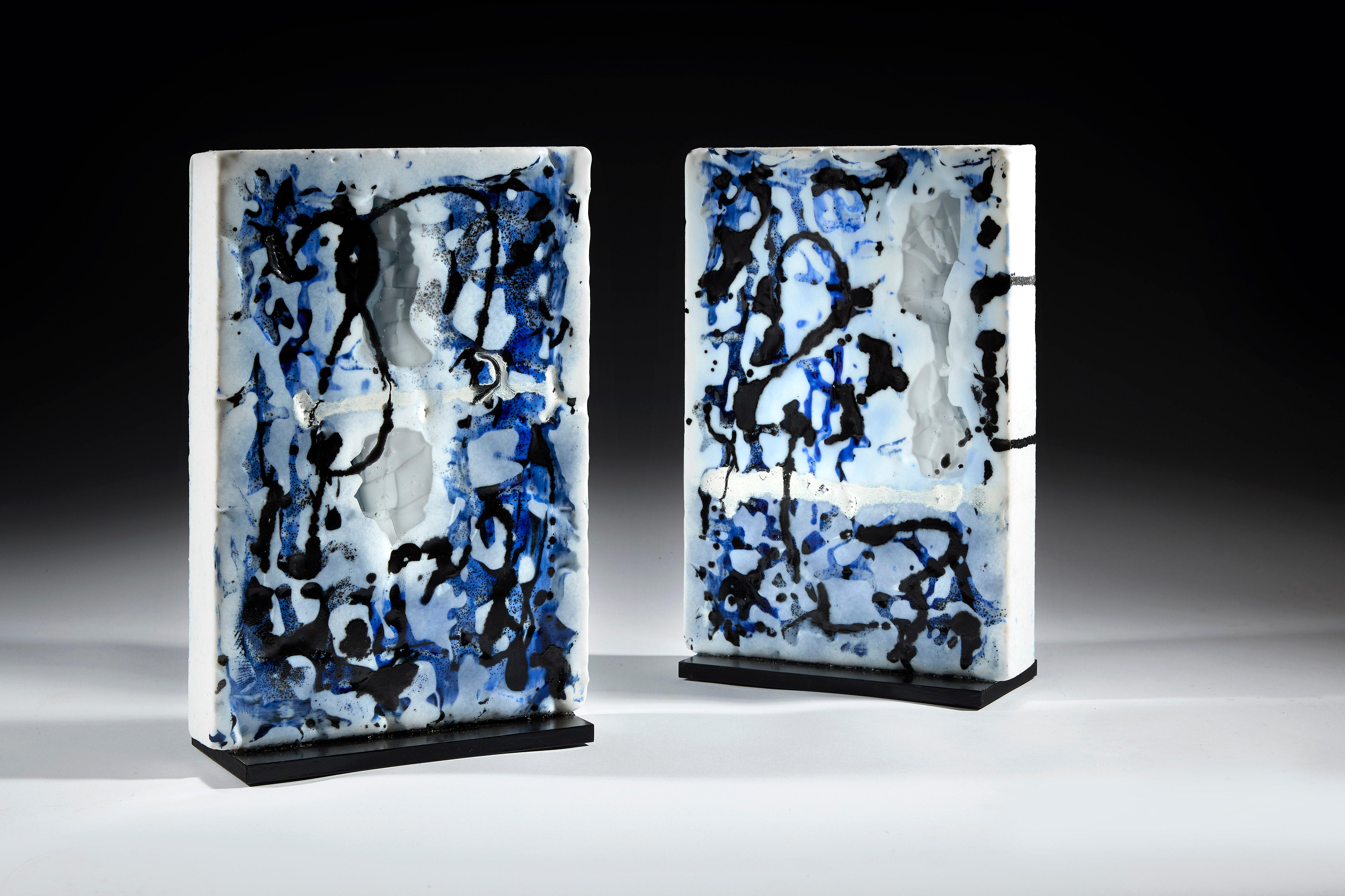 Glass Sculpture Les Mots Bleus Unique Pieces Made in France - Black Abstract Sculpture by Perrin & Perrin