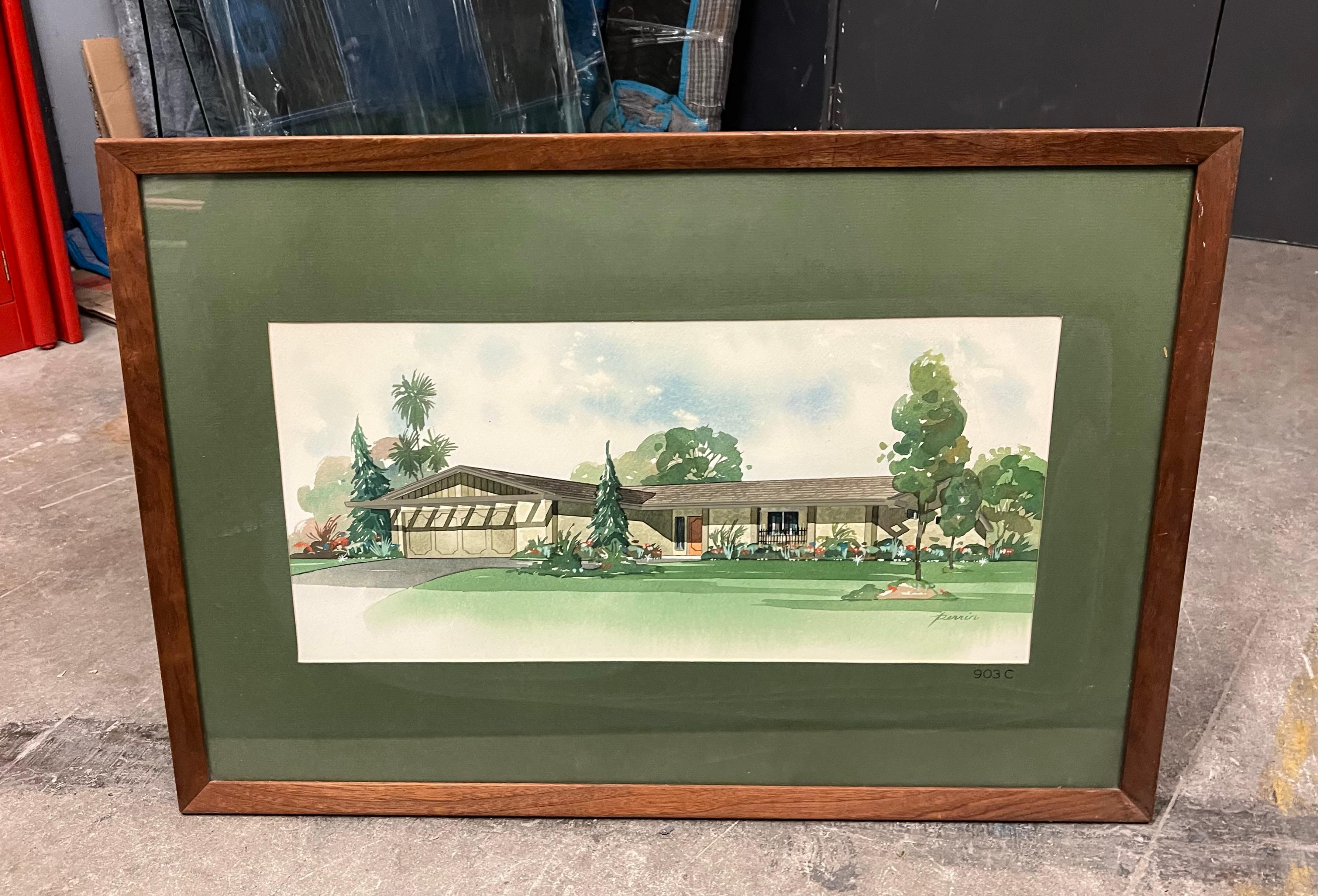 Perrin Architectural Rendering with Green Matte in Wood Frame For Sale 2