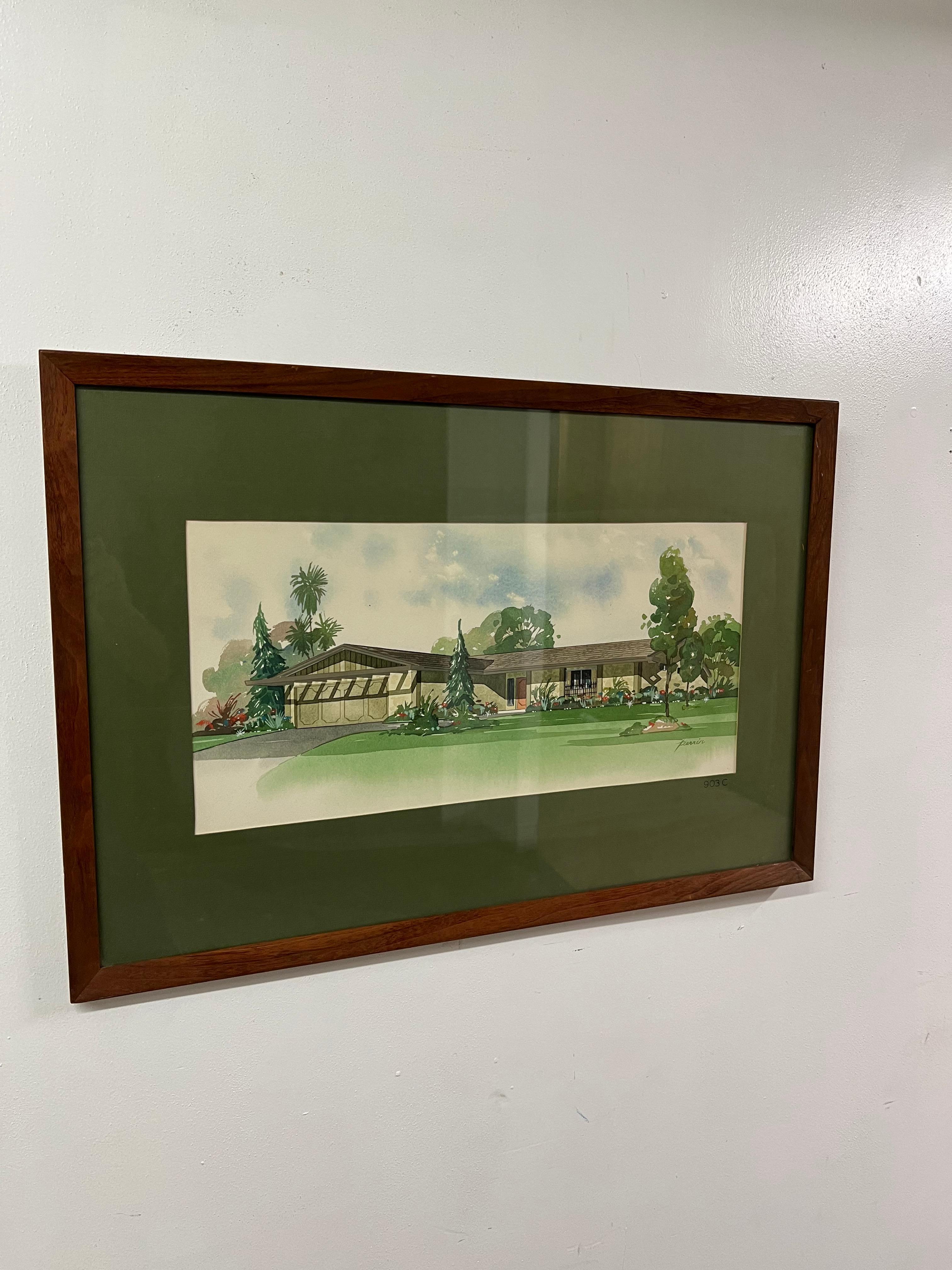 Rendu architectural d'une maison de style ranch du sud de la Californie par l'artiste Perrin. Un rendu d'aquarelle avec des verts et des bruns, et un aménagement paysager luxuriant. 

Cette pièce originale a été encadrée avec un passe-partout vert