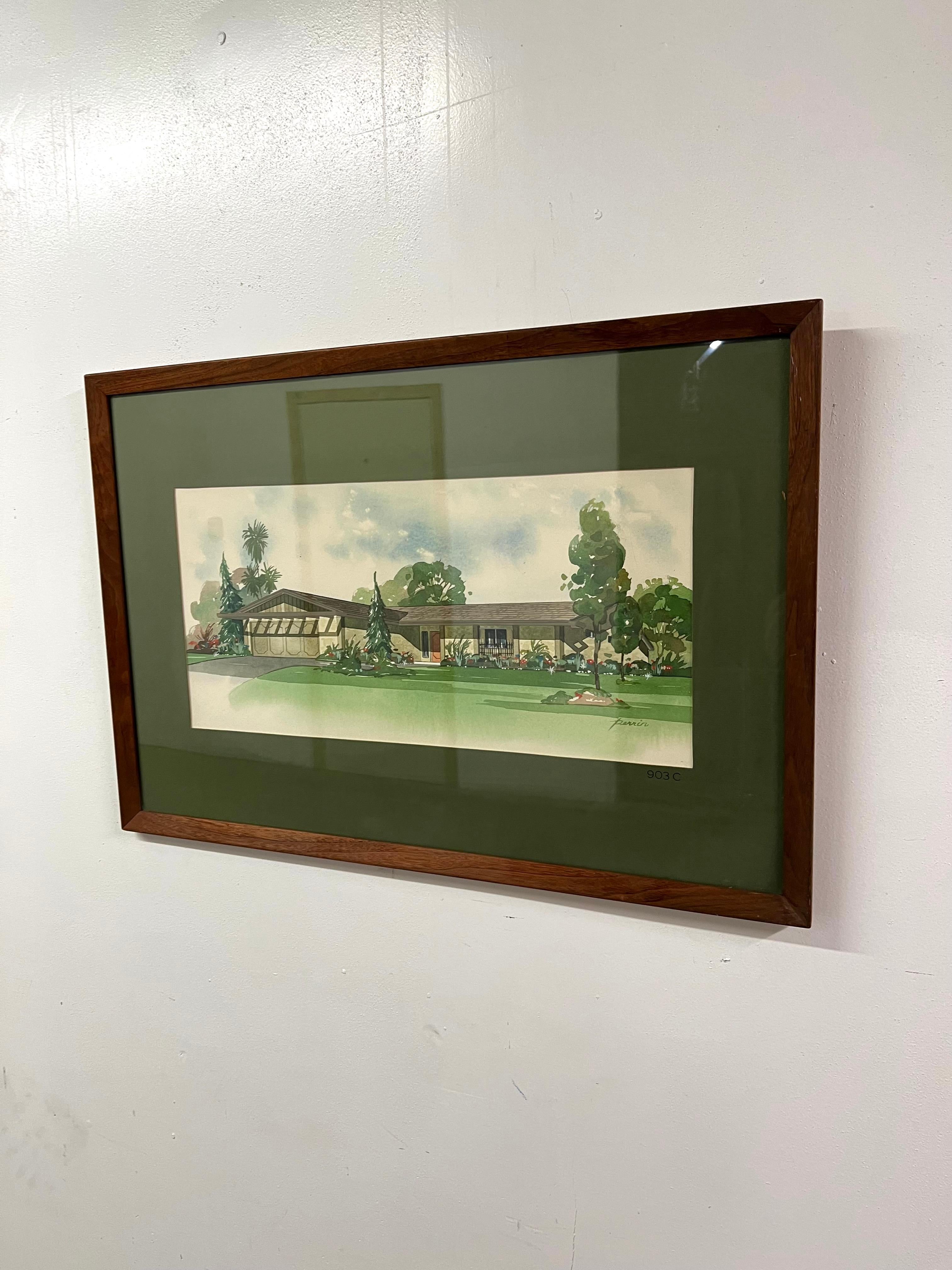 Mid-Century Modern Perrin Architectural Rendering with Green Matte in Wood Frame For Sale