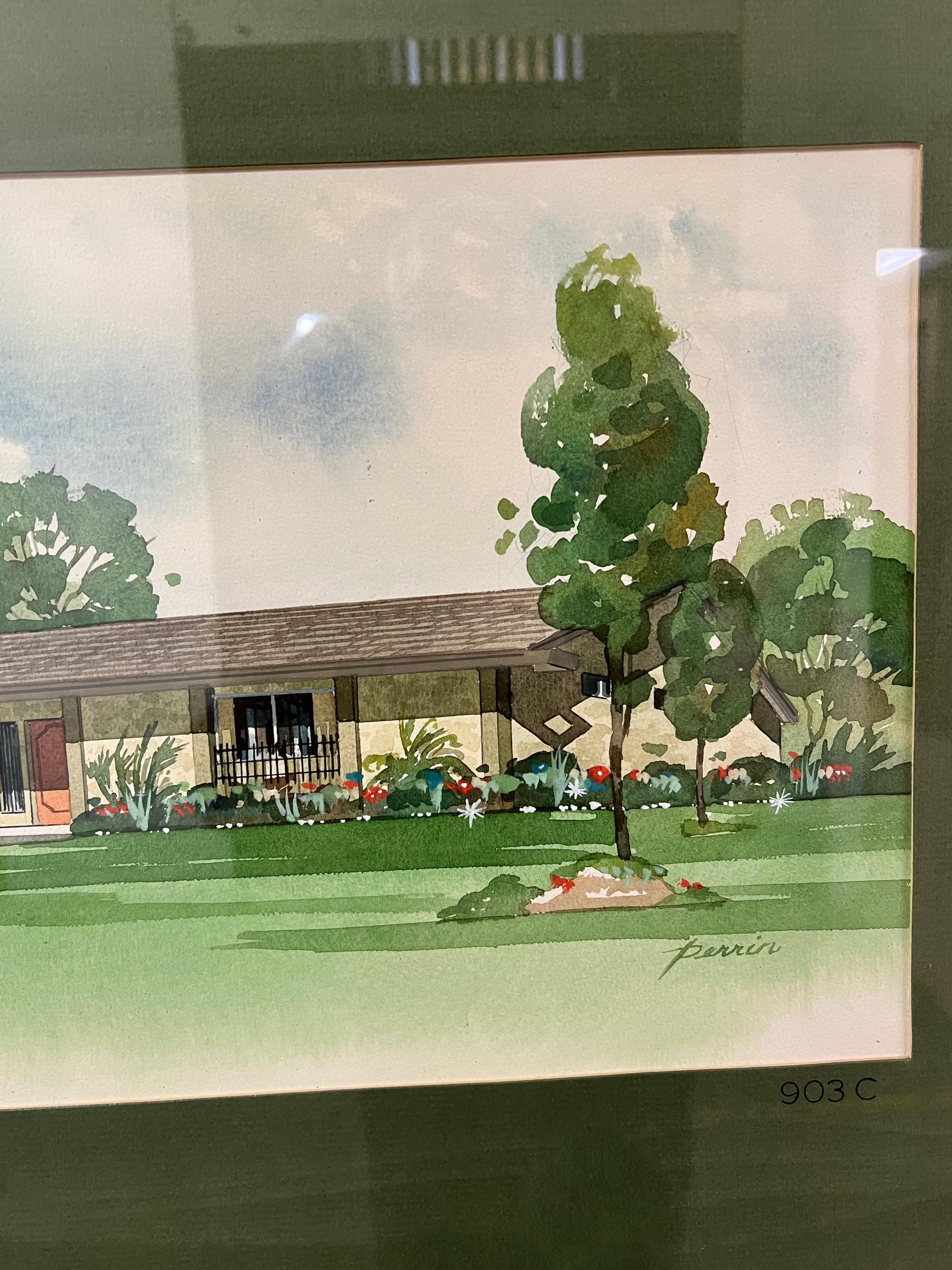 American Perrin Architectural Rendering with Green Matte in Wood Frame For Sale