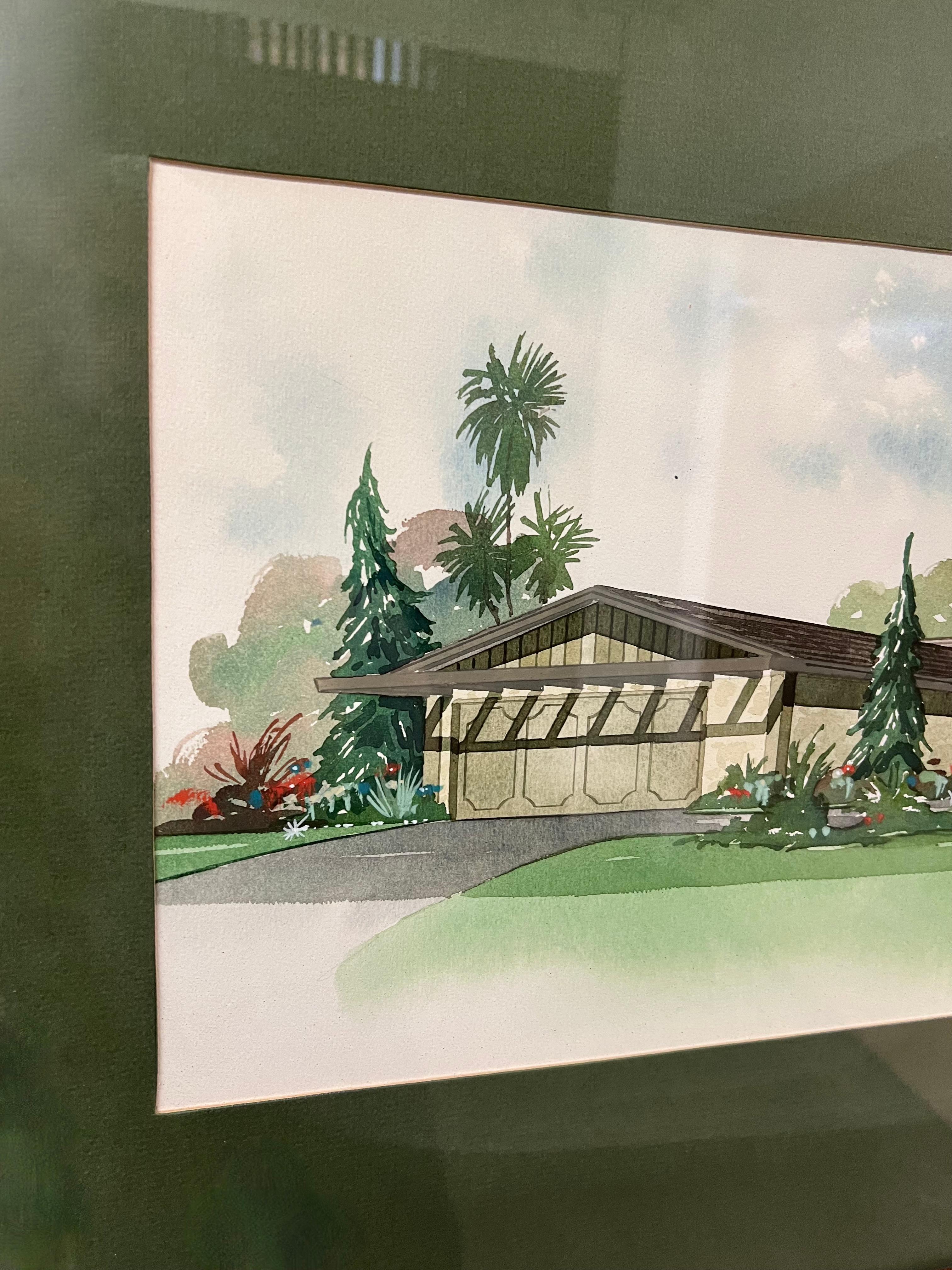 Hand-Painted Perrin Architectural Rendering with Green Matte in Wood Frame For Sale