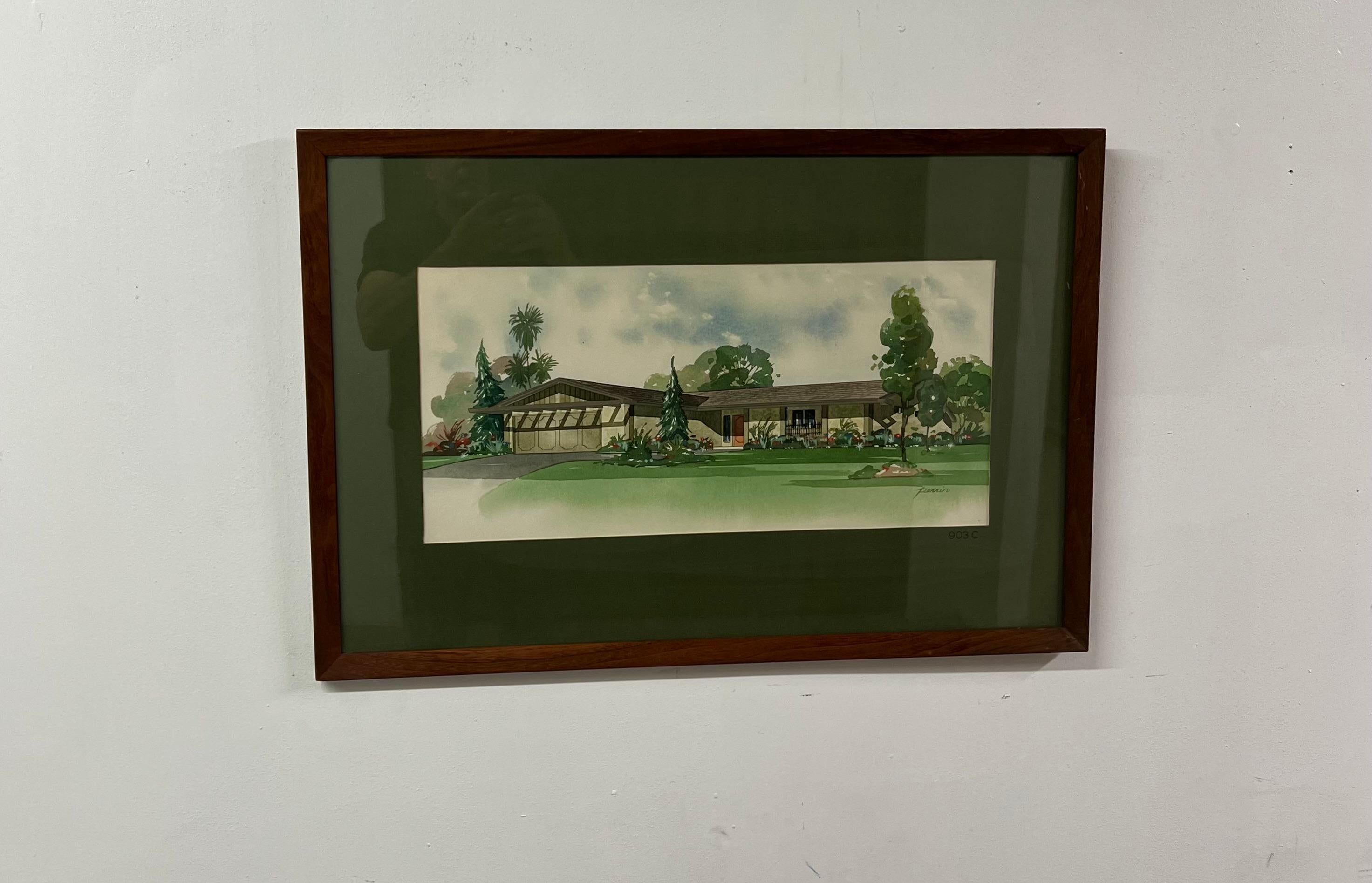 20th Century Perrin Architectural Rendering with Green Matte in Wood Frame For Sale