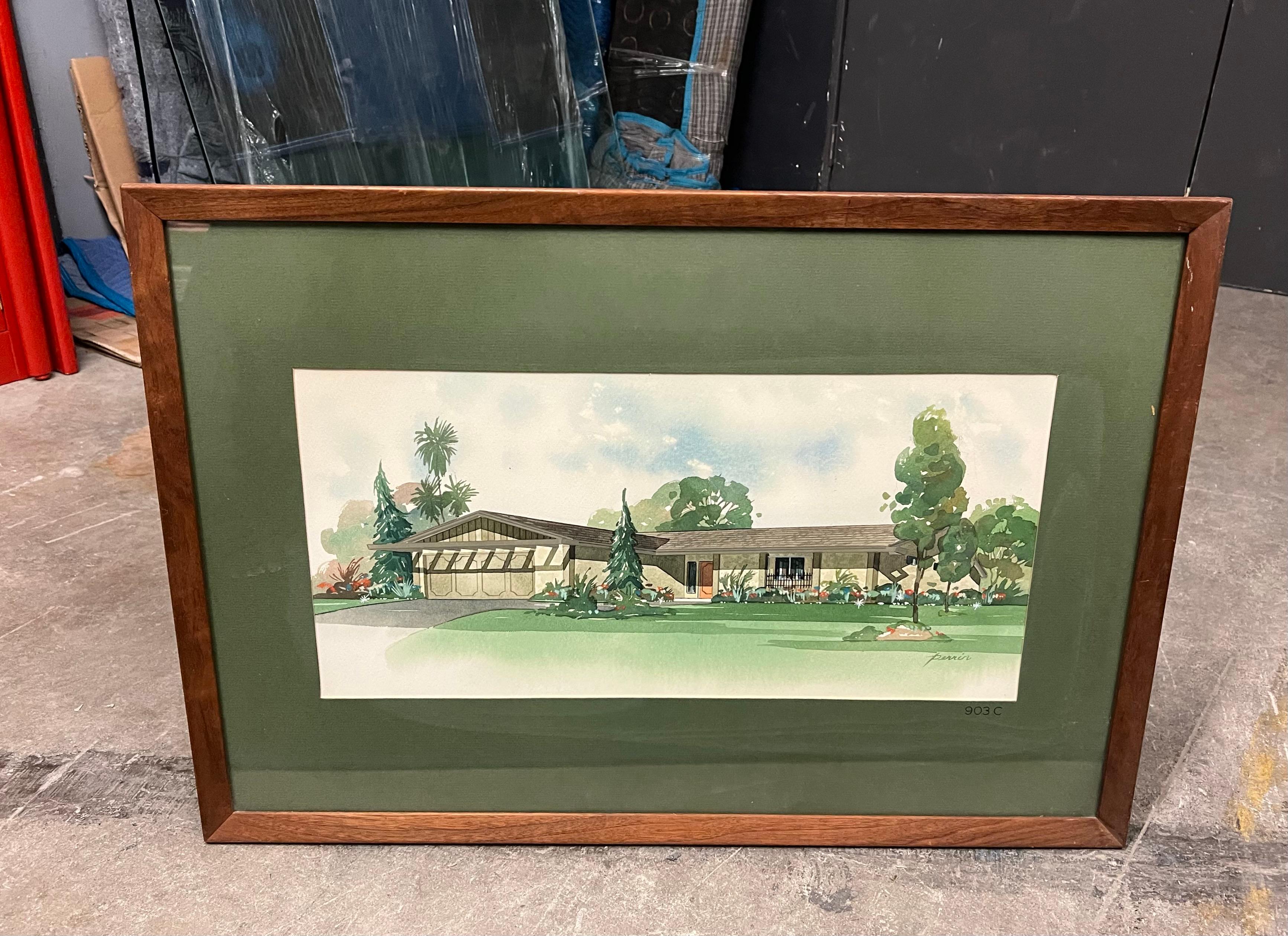 Perrin Architectural Rendering with Green Matte in Wood Frame For Sale 1