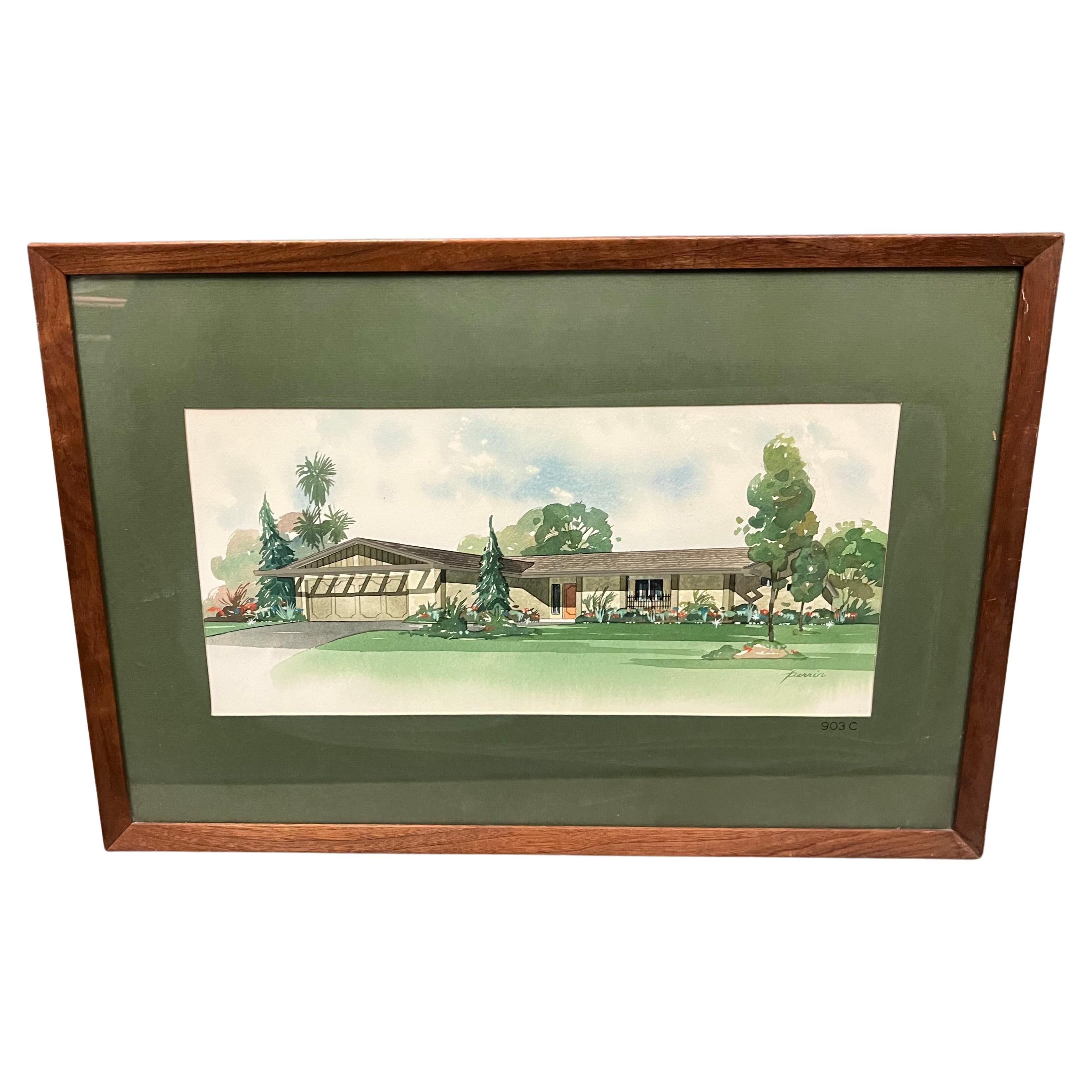 Perrin Architectural Rendering with Green Matte in Wood Frame For Sale