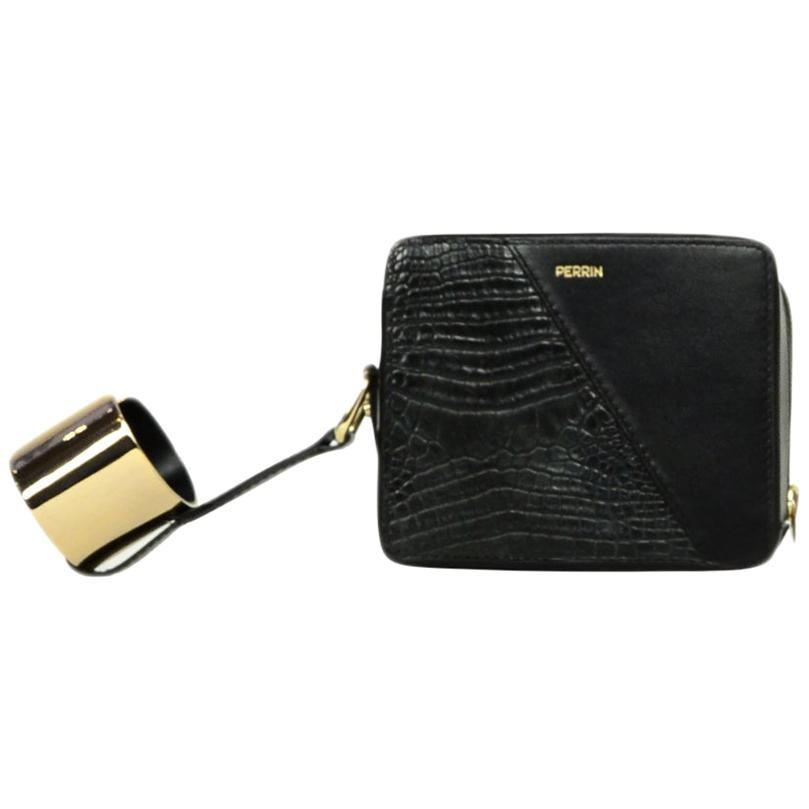 Perrin Black Crocodile/ Smooth Leather Box Cuff Clutch Bag