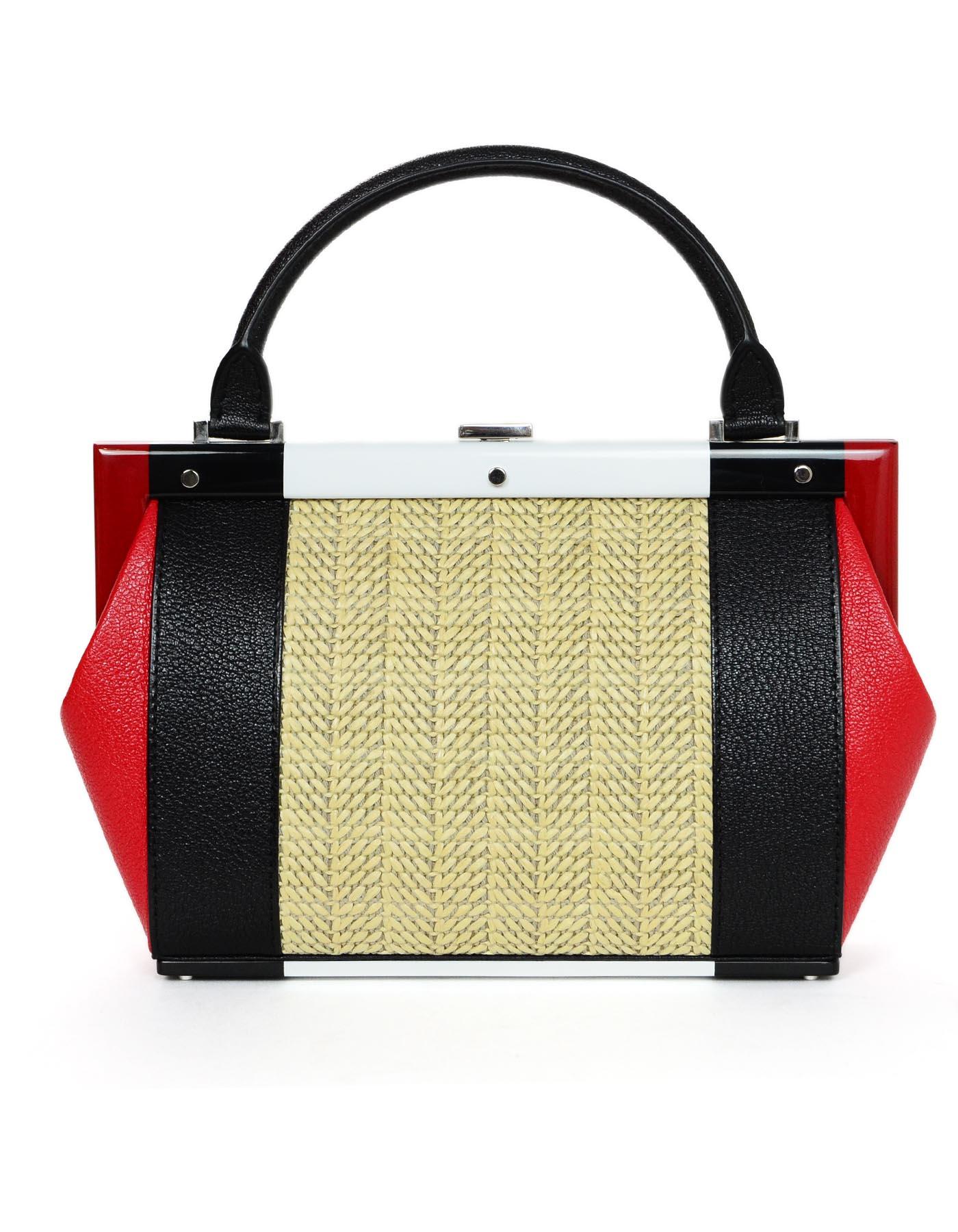 Beige Perrin Black/Red/White Calfskin Leather/Raffia Le Bavolet Top Handle Frame Bag