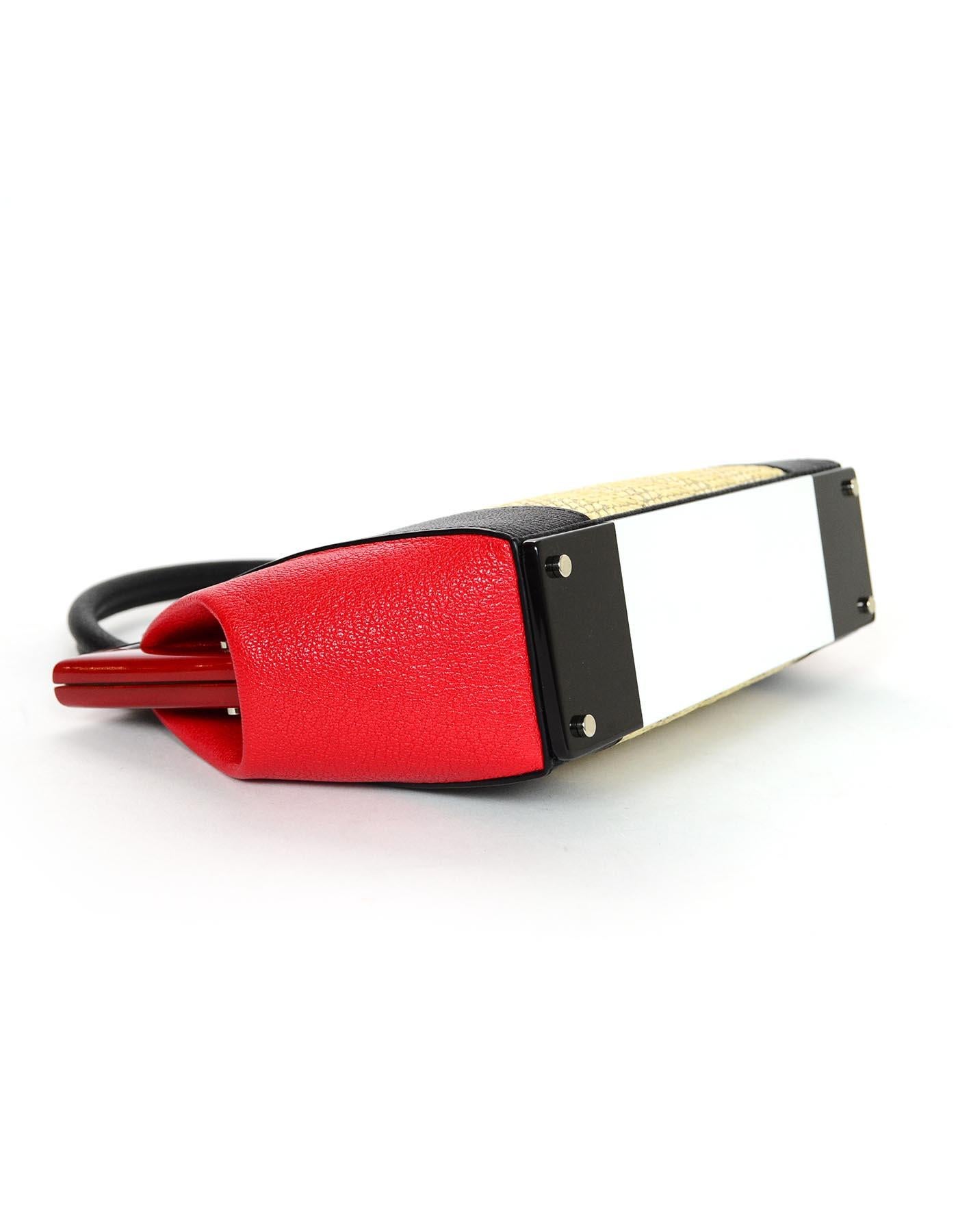 Perrin Black/Red/White Calfskin Leather/Raffia Le Bavolet Top Handle Frame Bag In Excellent Condition In New York, NY