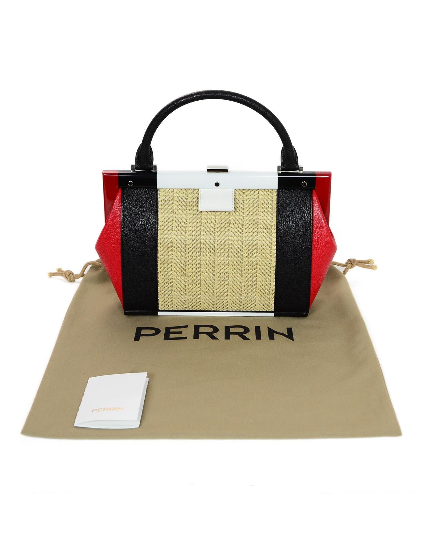 Perrin Black/Red/White Calfskin Leather/Raffia Le Bavolet Top Handle Frame Bag 4