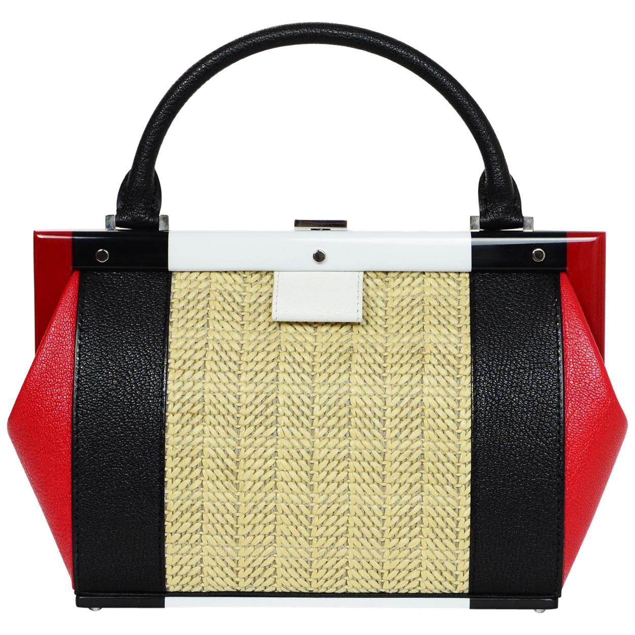 Perrin Black/Red/White Calfskin Leather/Raffia Le Bavolet Top Handle Frame  Bag